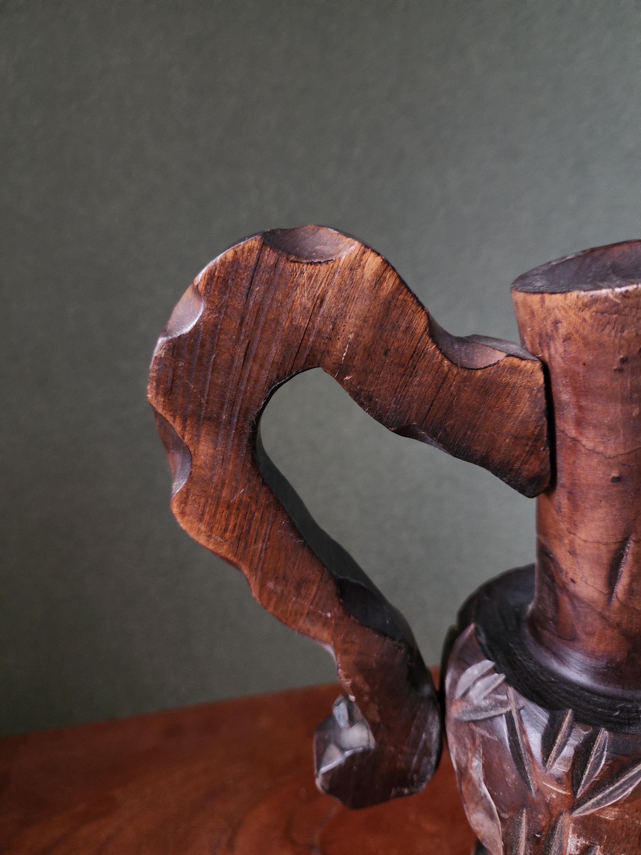 Vintage Hand Carved Wooden Ewer, Rustic Folk Art Jug Sculpture, Carved Wood Decorative Pitcher, Cabin Mantel Accent, Alpine Chalet Decor