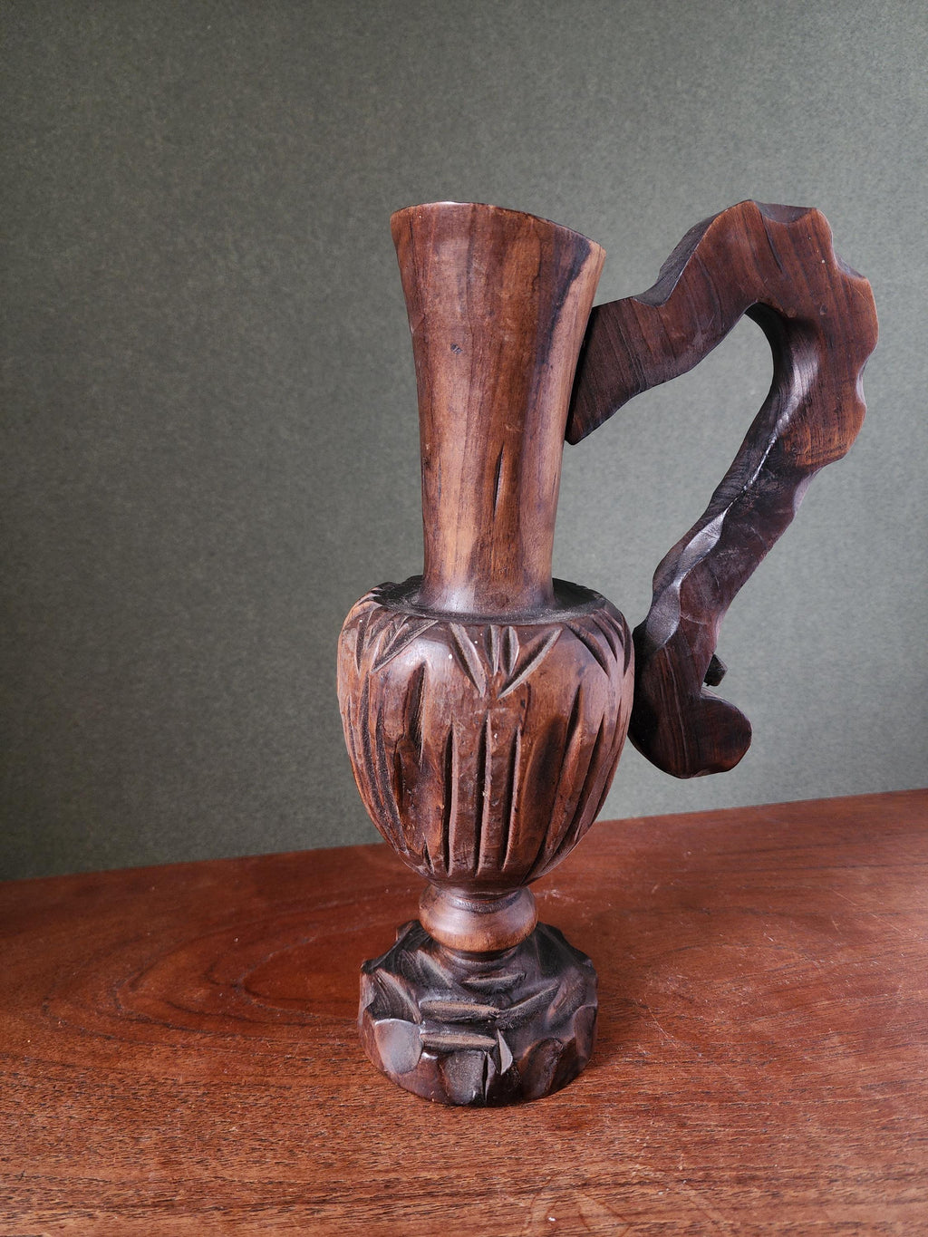 Vintage Hand Carved Wooden Ewer, Rustic Folk Art Jug Sculpture, Carved Wood Decorative Pitcher, Cabin Mantel Accent, Alpine Chalet Decor