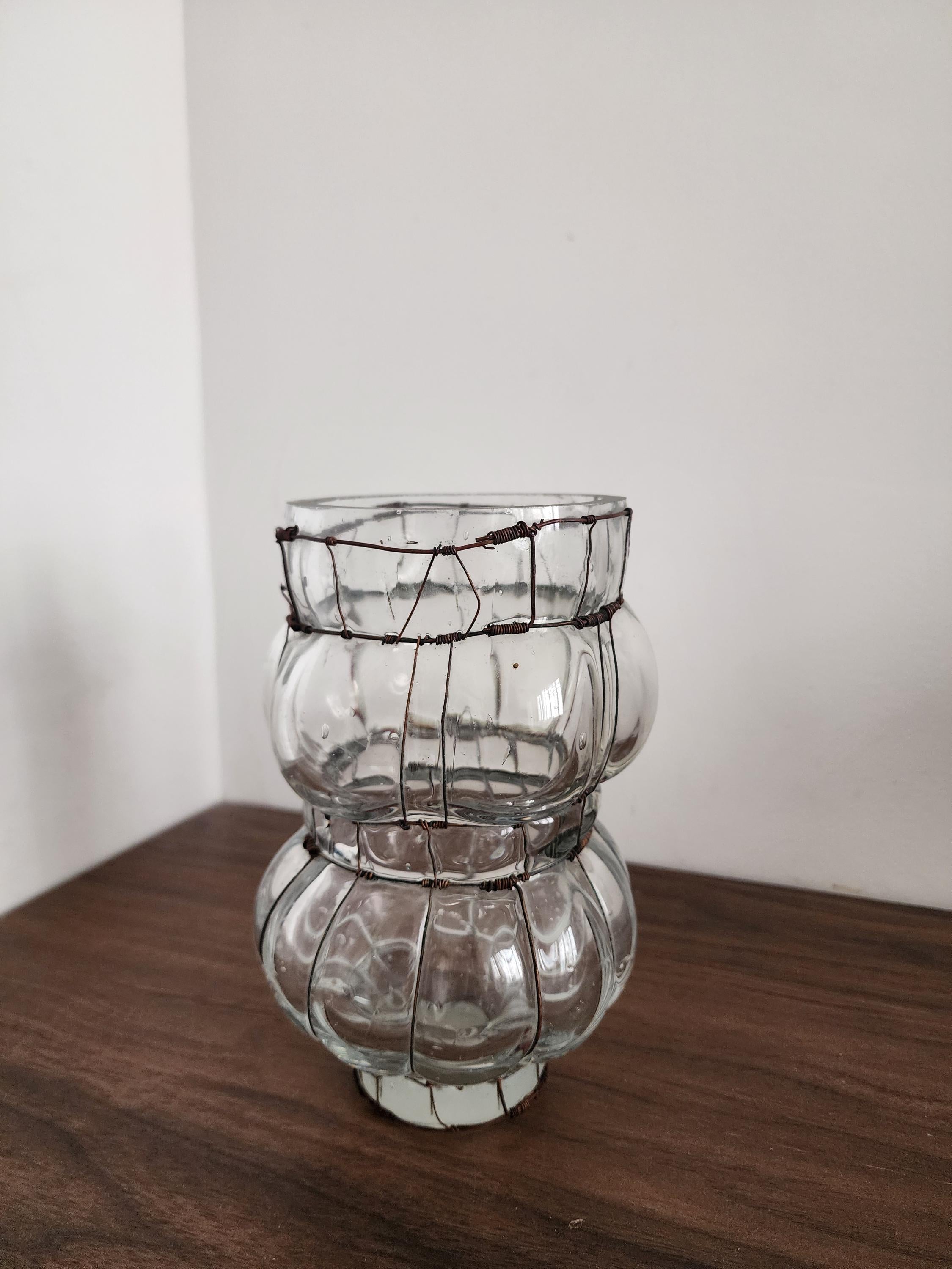 Hand Blown Glass Wire Sculpture, Vintage Clear Glass Vase, Ribbed Bubble Form, Rustic Wrapped Art Object, Decorative Accent Piece