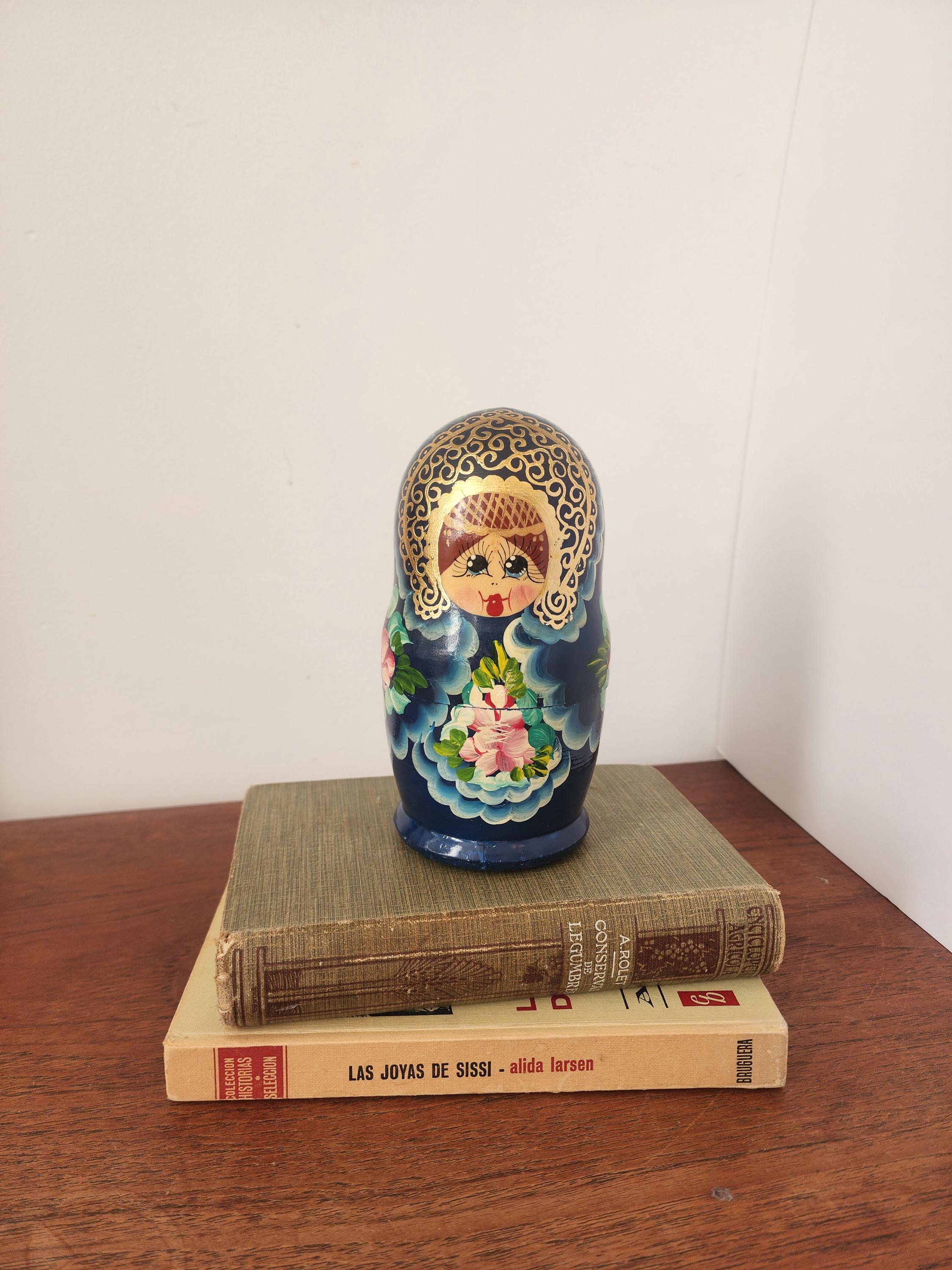 Vintage Blue Matryoshka Doll Set, 5 Piece Russian Nesting Dolls, Hand Painted Floral Babushka, Folk Art Collectible Decor