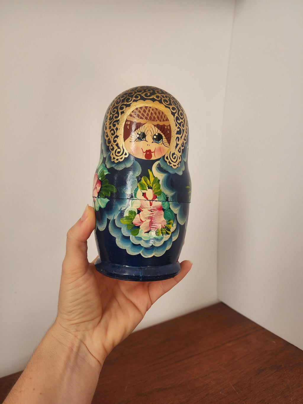 Vintage Blue Matryoshka Doll Set, 5 Piece Russian Nesting Dolls, Hand Painted Floral Babushka, Folk Art Collectible Decor