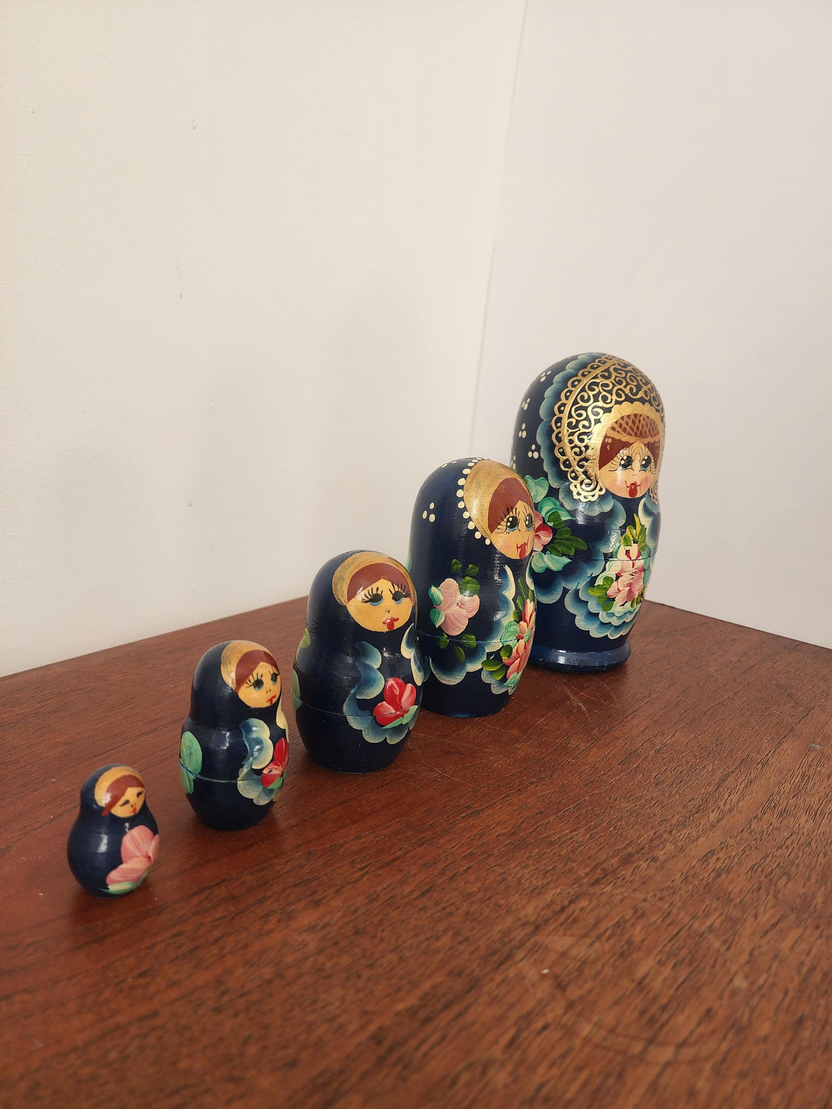 Vintage Blue Matryoshka Doll Set, 5 Piece Russian Nesting Dolls, Hand Painted Floral Babushka, Folk Art Collectible Decor