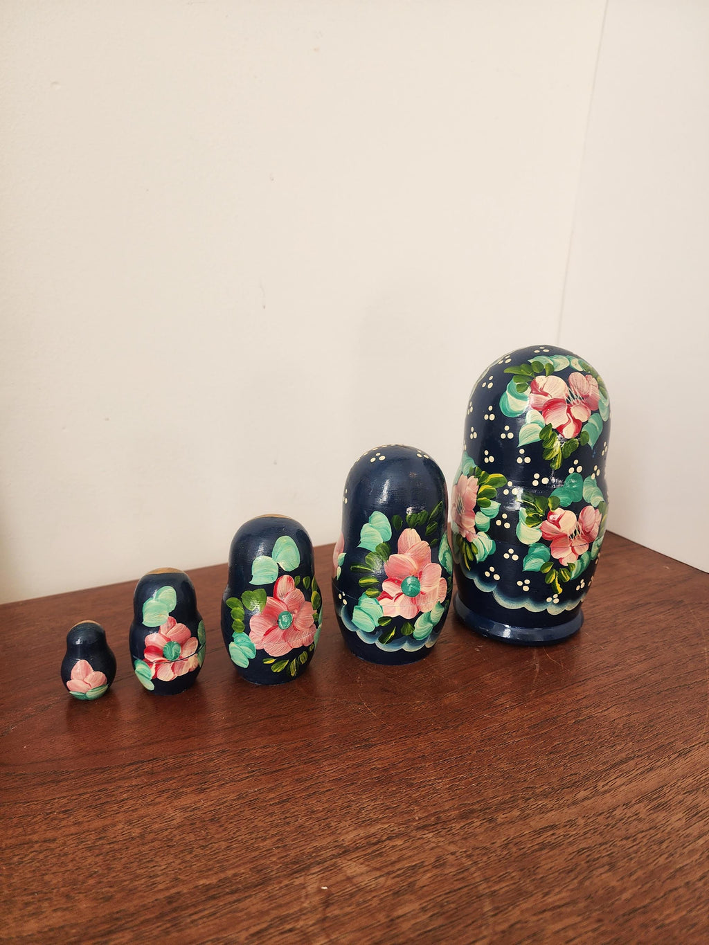 Vintage Blue Matryoshka Doll Set, 5 Piece Russian Nesting Dolls, Hand Painted Floral Babushka, Folk Art Collectible Decor