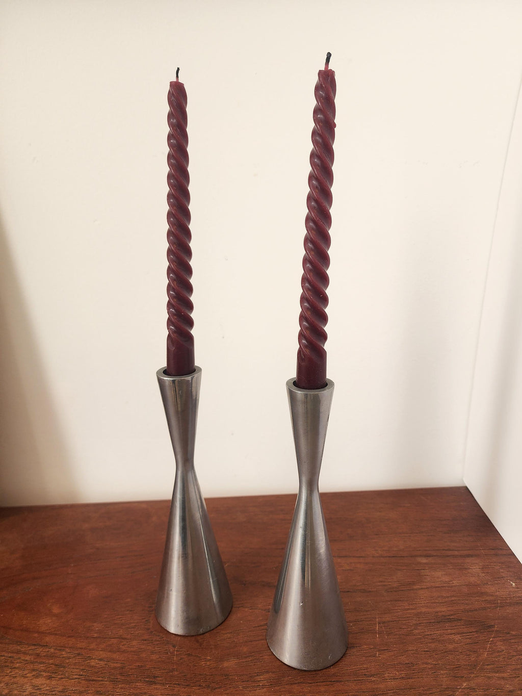 Heavy Modernist Metal Candlestick Holders, Brushed Silver Taper Stands, Heavy Sculptural Candle Holders Pair, Contemporary Table Decor
