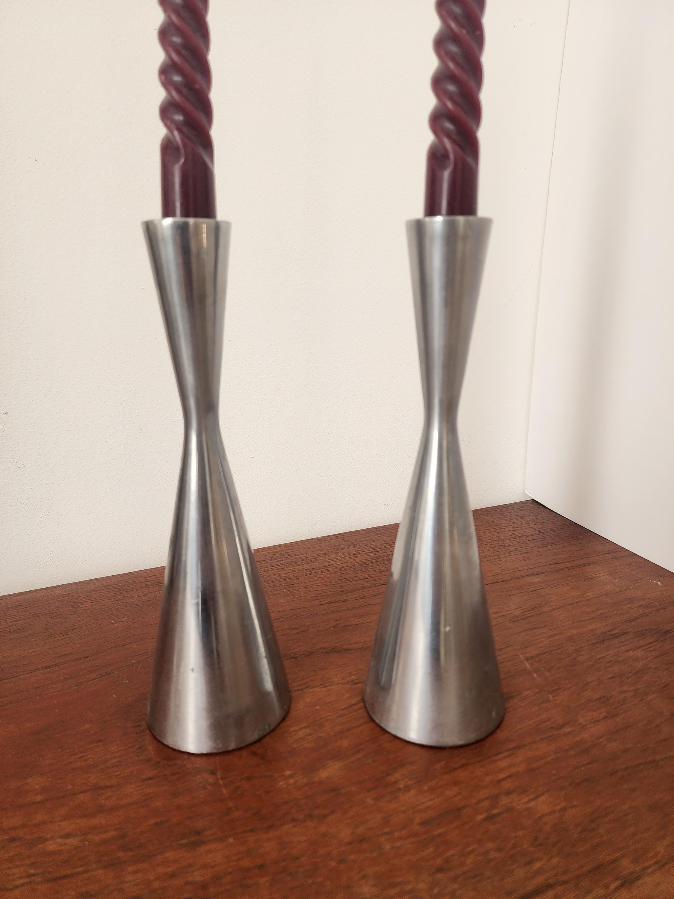 Heavy Modernist Metal Candlestick Holders, Brushed Silver Taper Stands, Heavy Sculptural Candle Holders Pair, Contemporary Table Decor