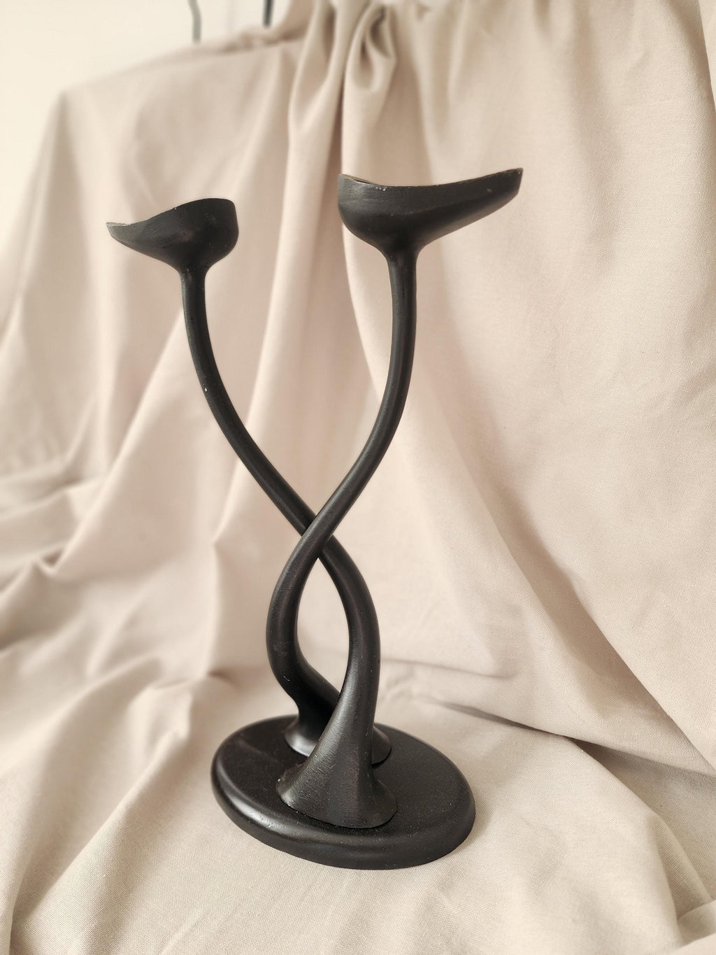 Black Metal Sculptural Candle Holder, Welch Stamped Double Arm Candlestick, Heavy Modernist Centerpiece, MCM Black Decor