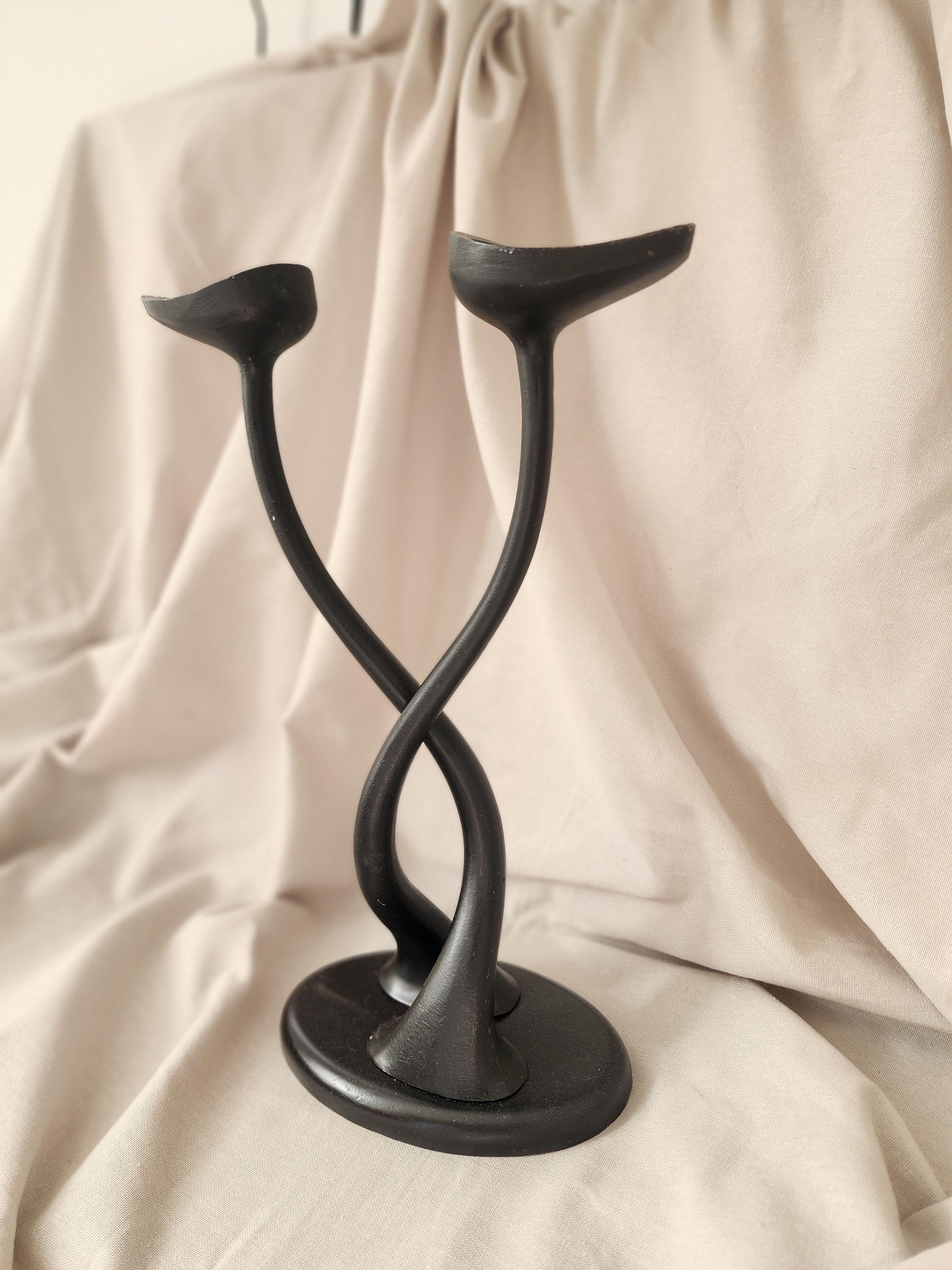 Black Metal Sculptural Candle Holder, Welch Stamped Double Arm Candlestick, Heavy Modernist Centerpiece, MCM Black Decor