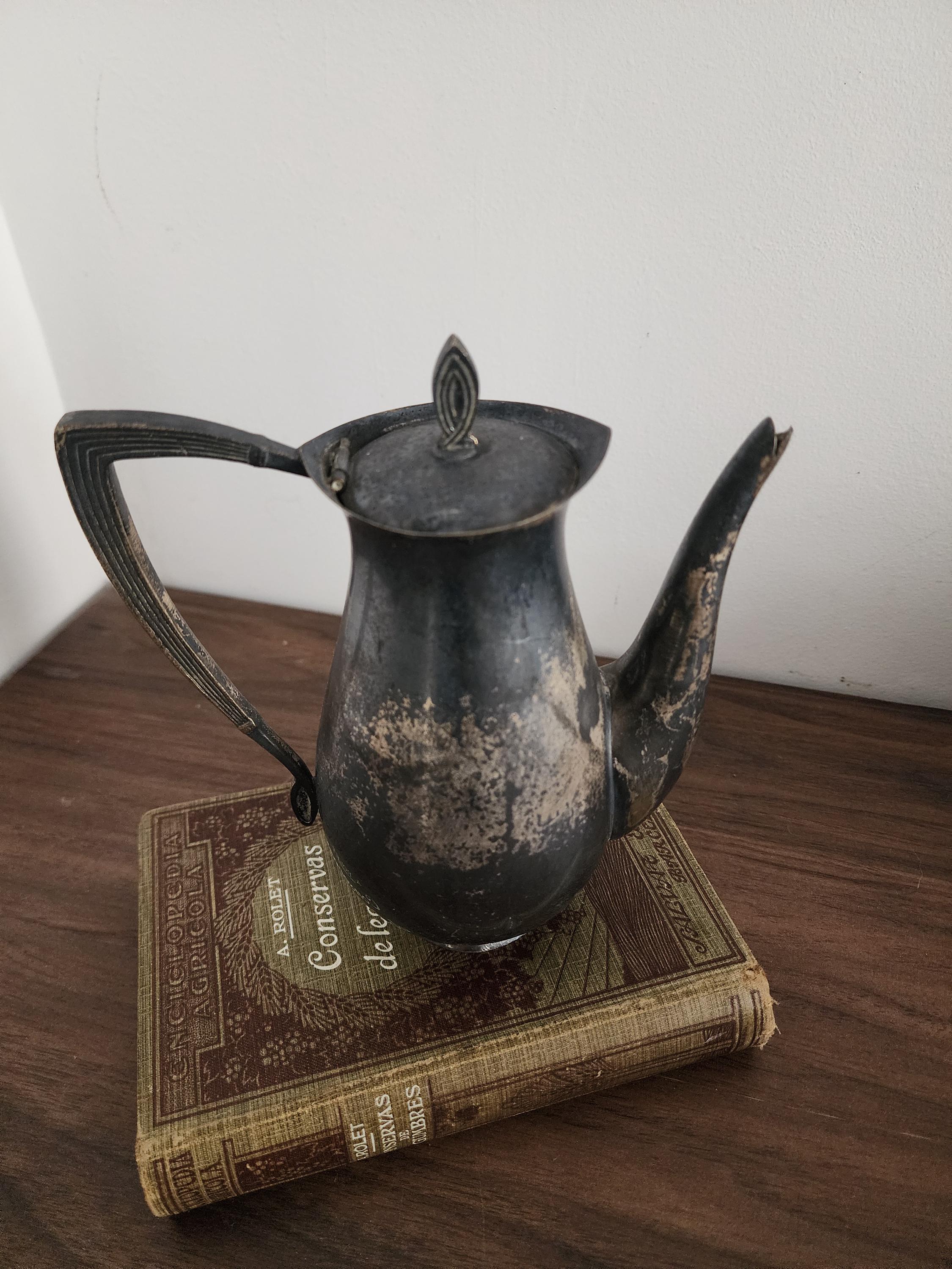 Art Nouveau Silver Plated Teapot, Vintage Patina Coffee Pot, Tarnished Metal Serving Pot, Antique Style Kitchen Decor