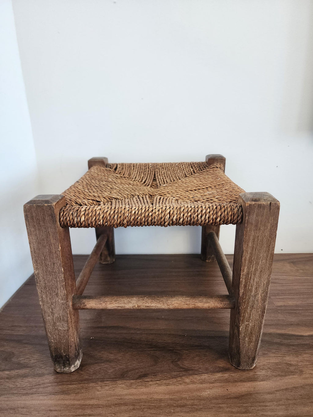 Rustic Woven Stool, Vintage Wood Footstool, Small Farmhouse Stool, Natural Wicker Seat, Country Cottage Decor