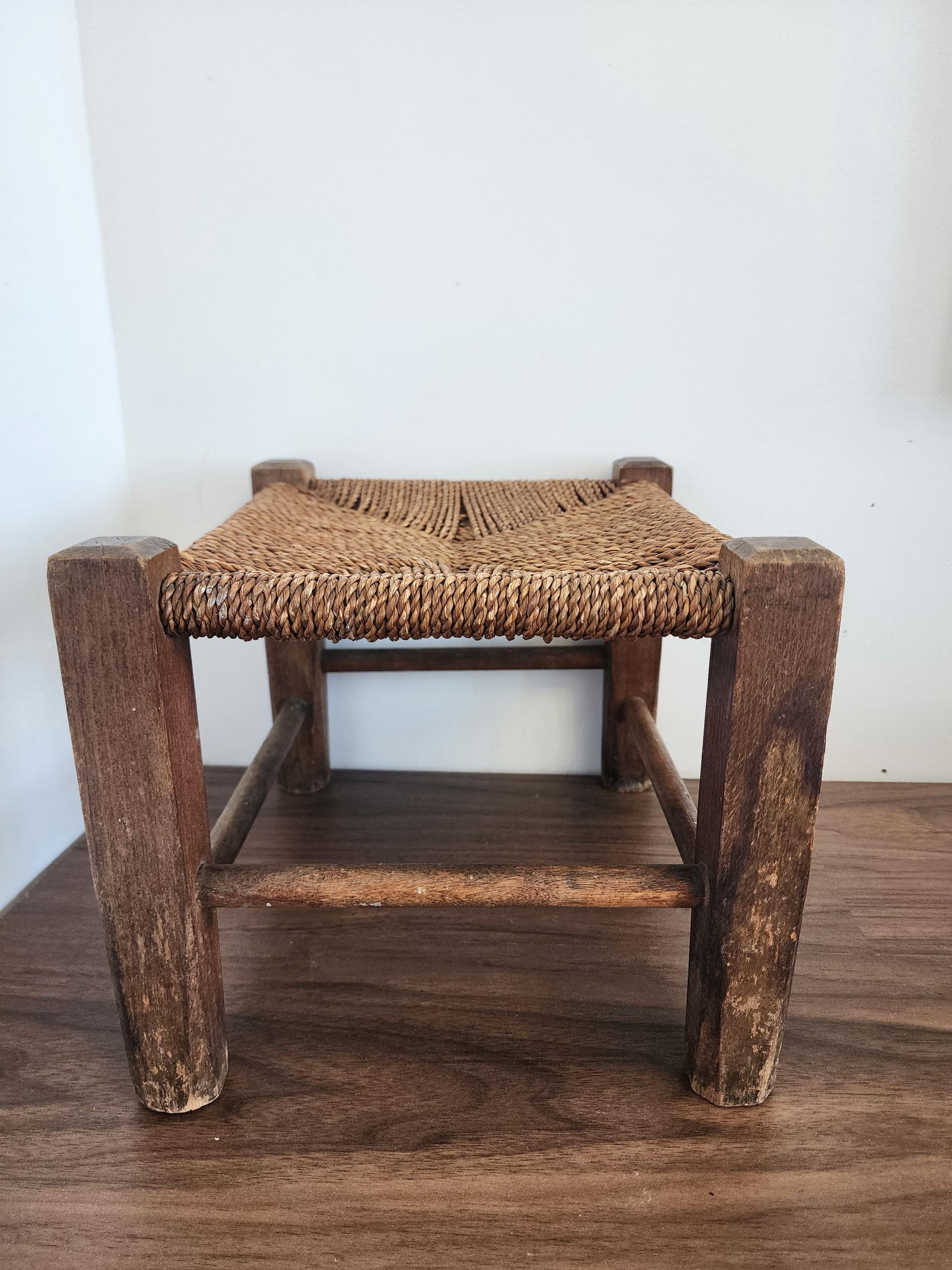 Rustic Woven Stool, Vintage Wood Footstool, Small Farmhouse Stool, Natural Wicker Seat, Country Cottage Decor