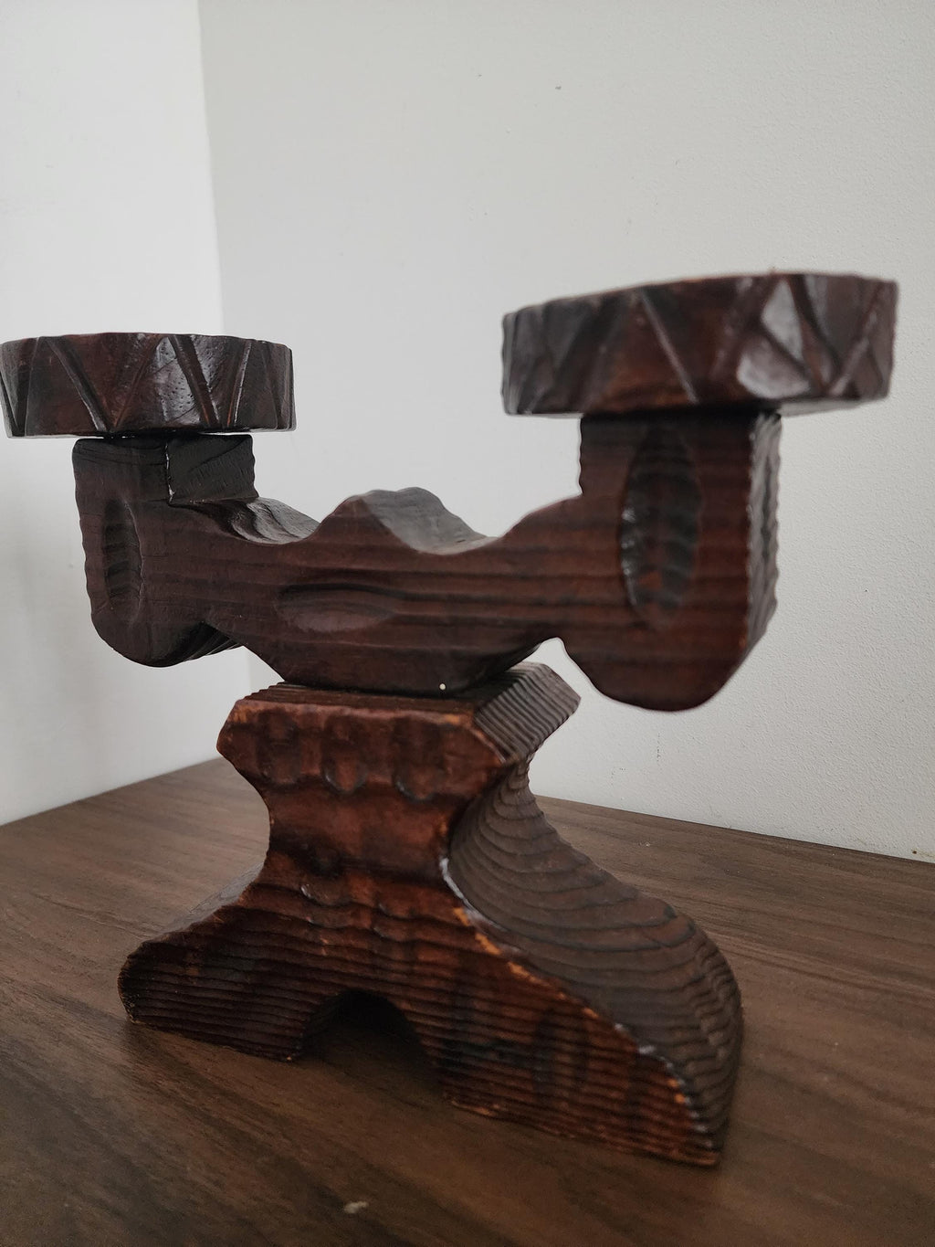Spanish Wooden Candelabra, Hand Carved Double Candle Holder, Rustic Folk Art Decor, Vintage Wood Candle Stand