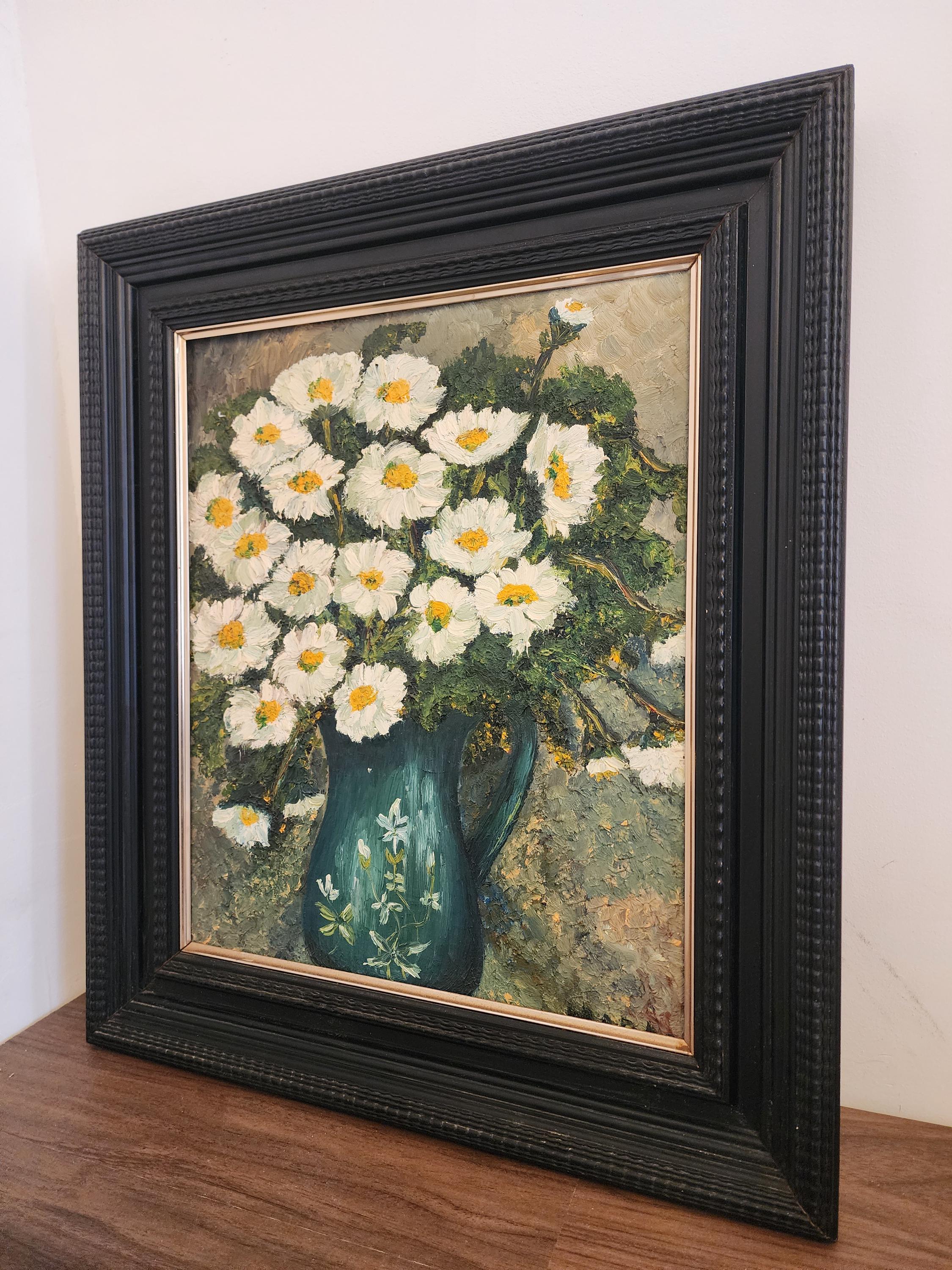 Vintage Floral Oil Painting in Black Wooden Frame – Textured Daisy Artwork, Still Life Wall Art, 20.5x24”, Cottagecore Home Decor