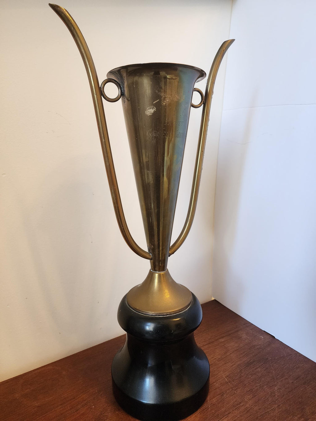 Vintage Brass Trophy with Black Turned Wood Base – Mid Century Decorative Award Sculpture, Collectible Statement Decor, 17.5” Tall