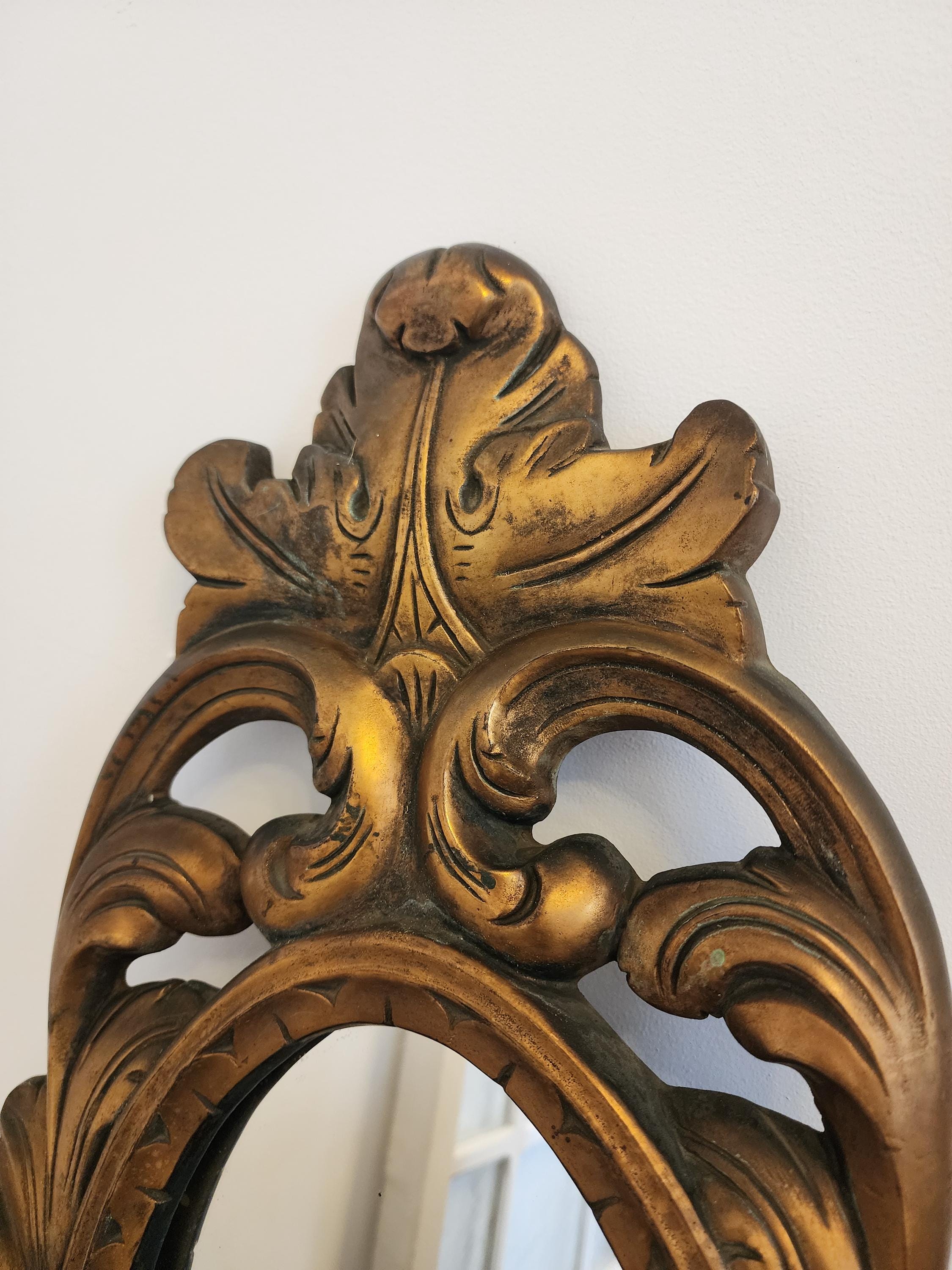 Vintage Gold Metal Ornate Wall Mirror – Rococo Baroque Style Oval Mirror, Gilded Metal Frame, 25” Statement Mirror, Boutique Decor
