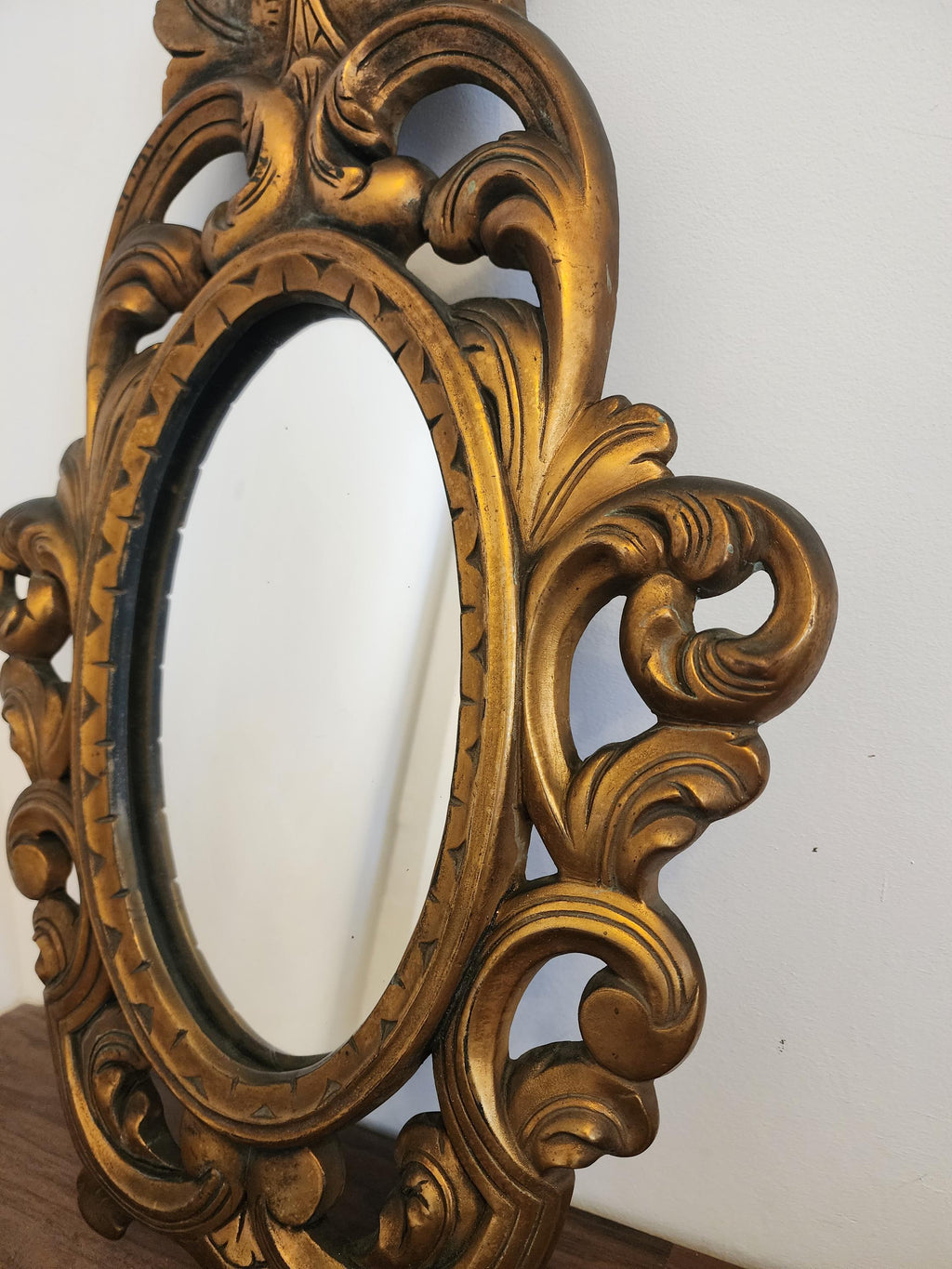 Vintage Gold Metal Ornate Wall Mirror – Rococo Baroque Style Oval Mirror, Gilded Metal Frame, 25” Statement Mirror, Boutique Decor