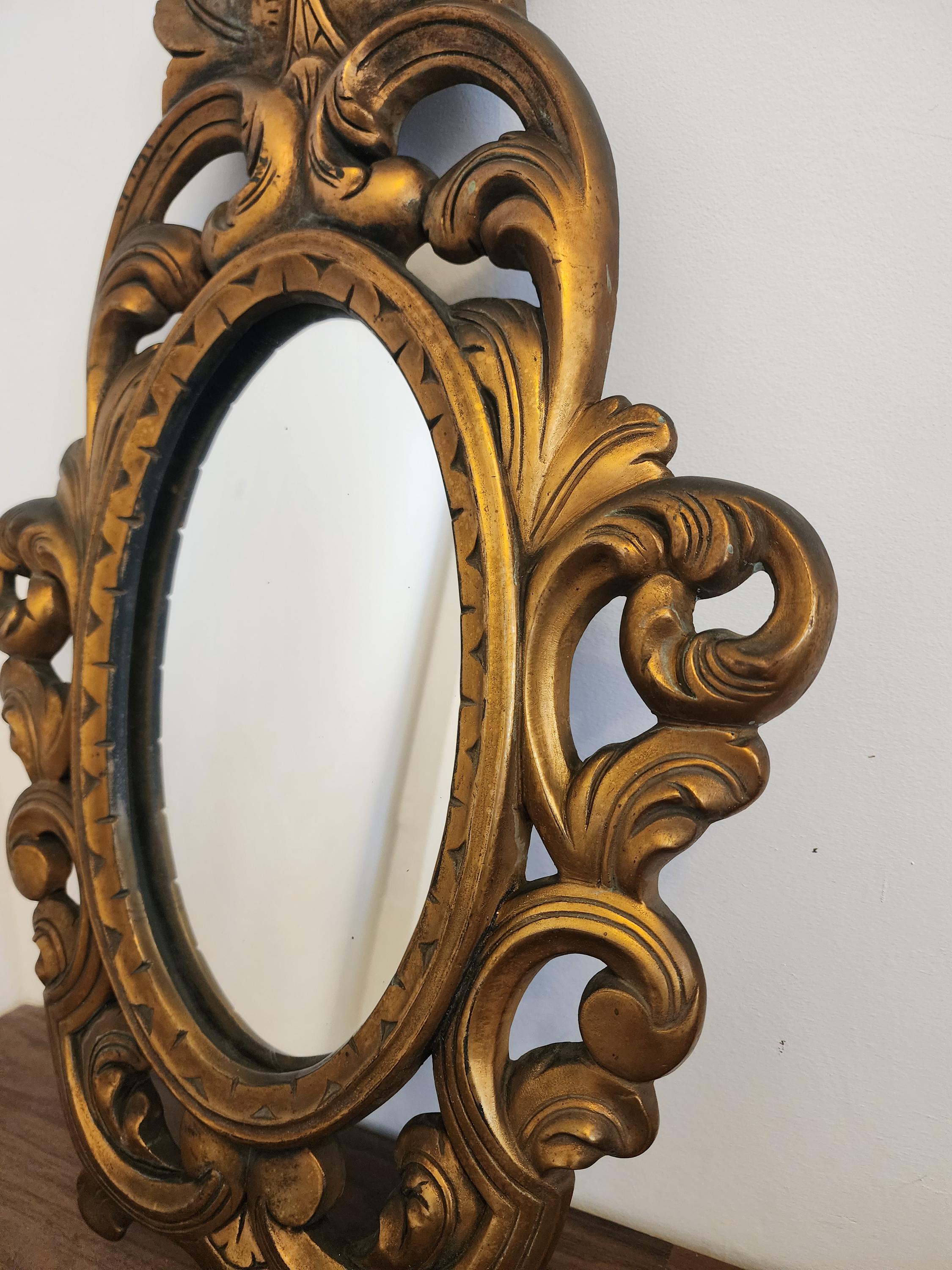 Vintage Gold Metal Ornate Wall Mirror – Rococo Baroque Style Oval Mirror, Gilded Metal Frame, 25” Statement Mirror, Boutique Decor