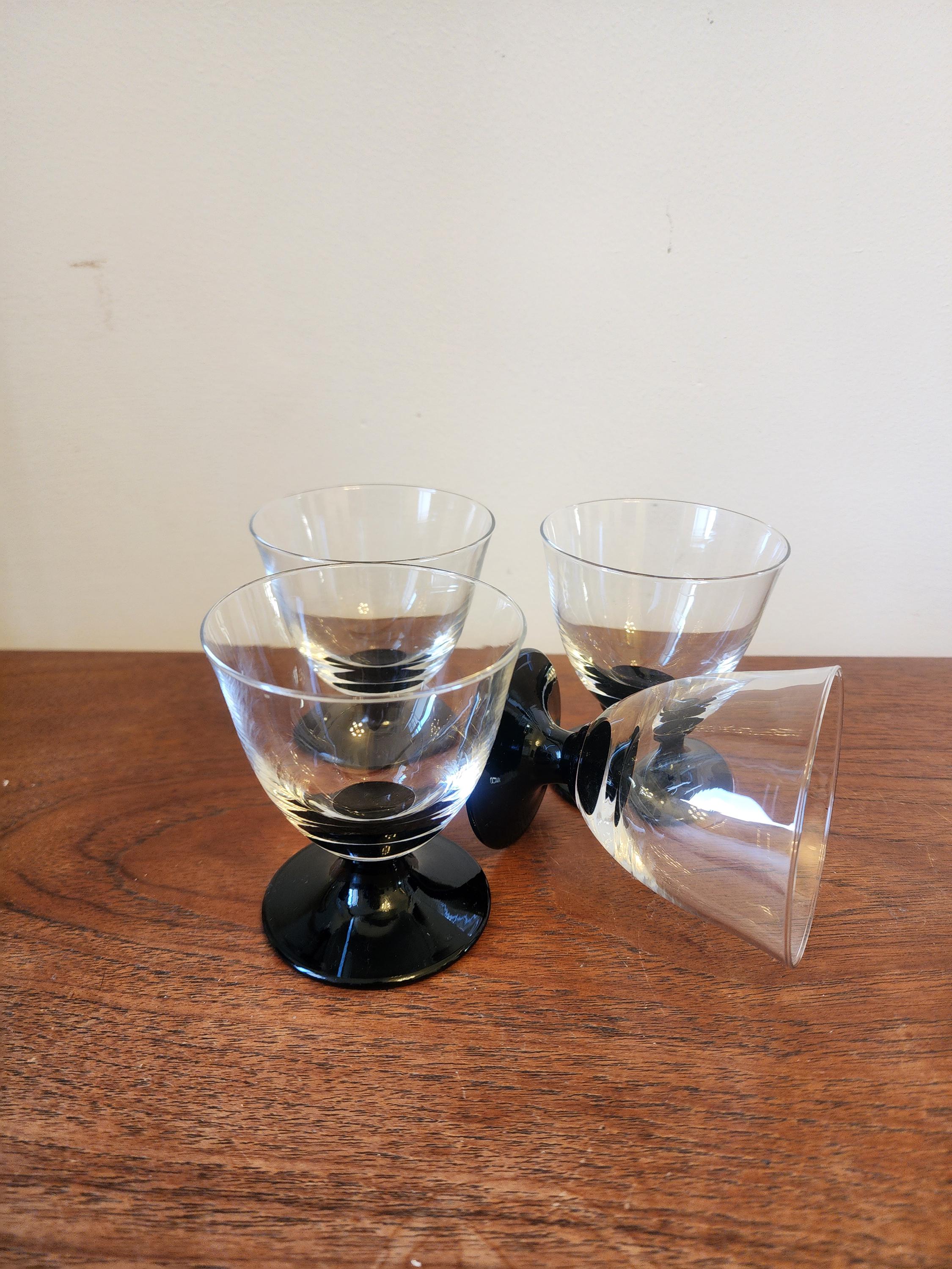 Set of 4 French Vintage Black Base Dessert Glasses, Mid Century Small Coupes, Liqueur or Sundae Glass Set, Retro Barware Decor