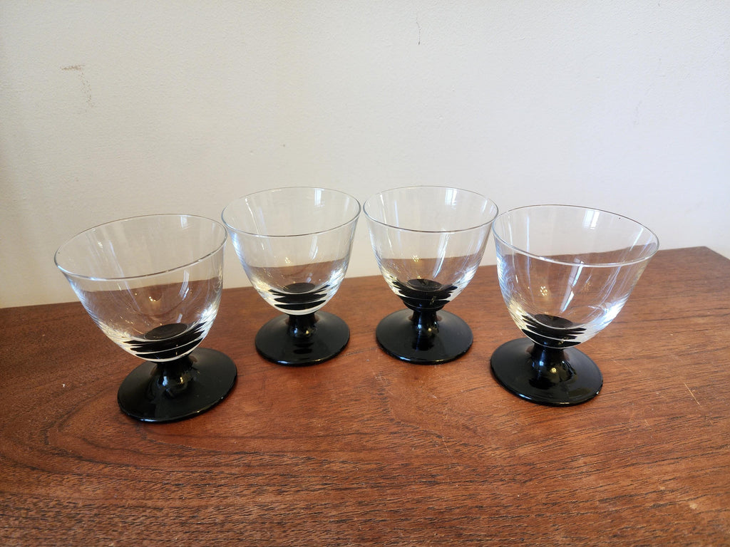 Set of 4 French Vintage Black Base Dessert Glasses, Mid Century Small Coupes, Liqueur or Sundae Glass Set, Retro Barware Decor