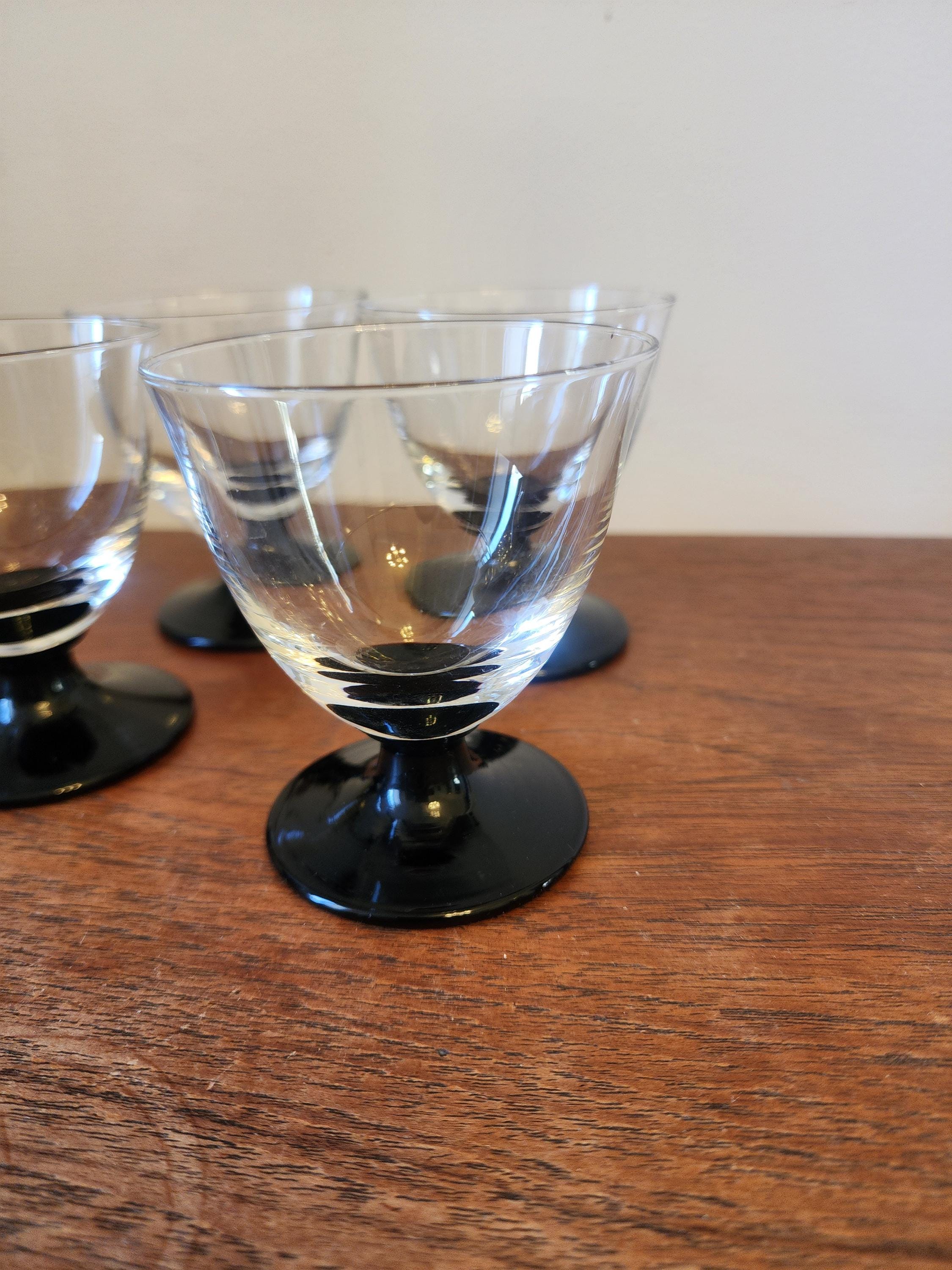 Set of 4 French Vintage Black Base Dessert Glasses, Mid Century Small Coupes, Liqueur or Sundae Glass Set, Retro Barware Decor