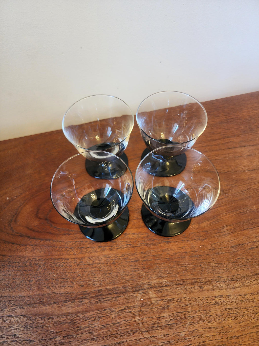 Set of 4 French Vintage Black Base Dessert Glasses, Mid Century Small Coupes, Liqueur or Sundae Glass Set, Retro Barware Decor