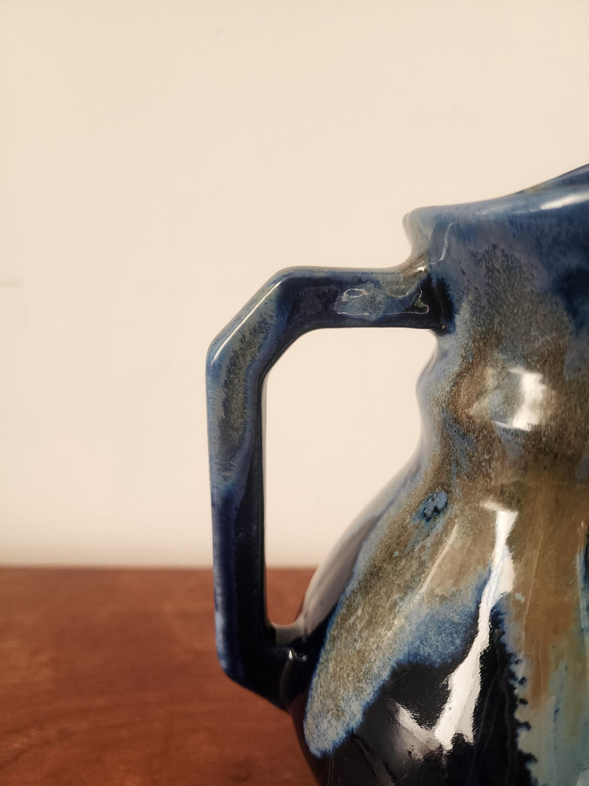Vintage Studio Pottery Jug Vase, Blue Drip Glaze Ceramic Pitcher, Handmade Stoneware Creamer, Rustic Table Decor