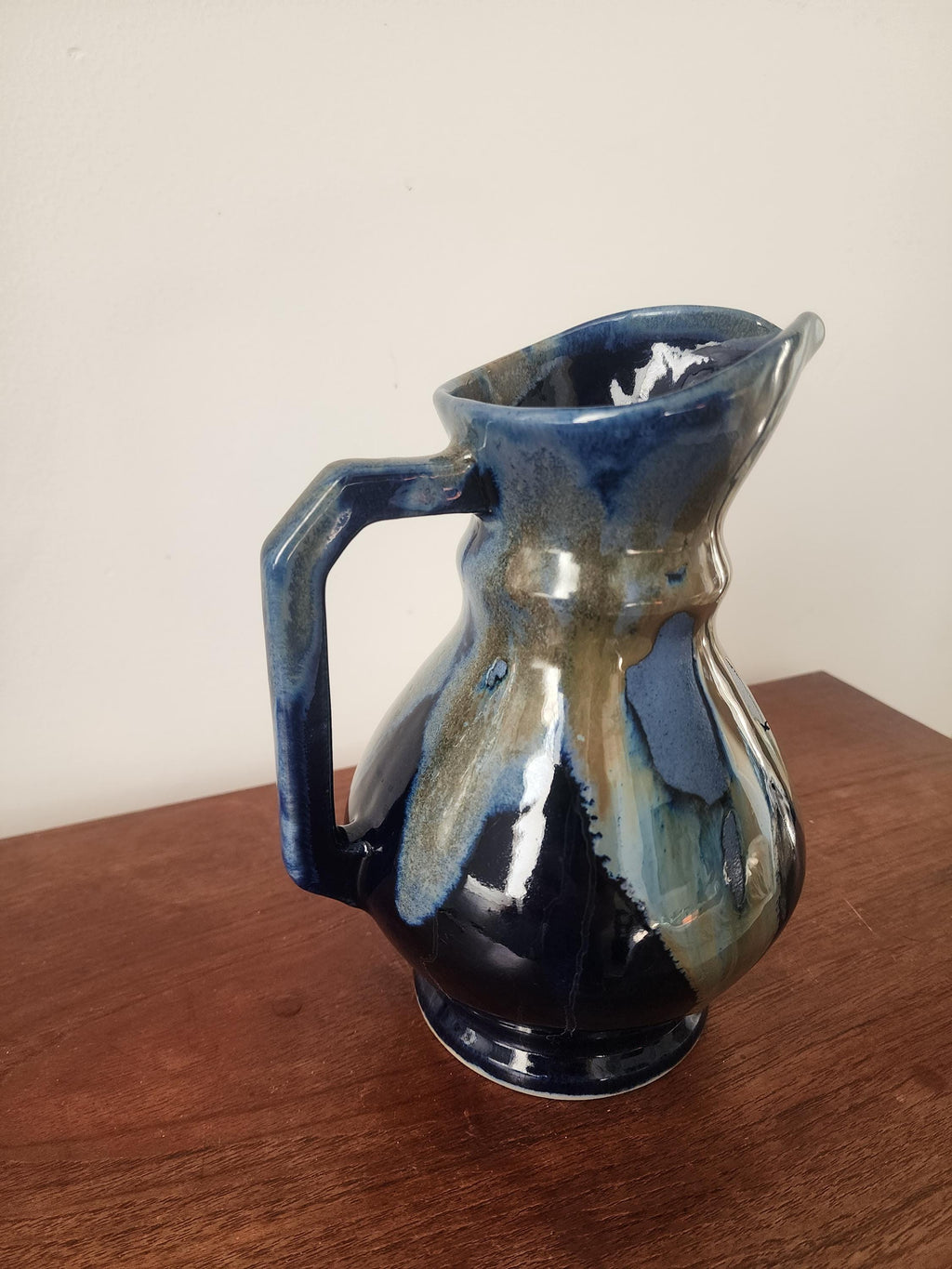 Vintage Studio Pottery Jug Vase, Blue Drip Glaze Ceramic Pitcher, Handmade Stoneware Creamer, Rustic Table Decor