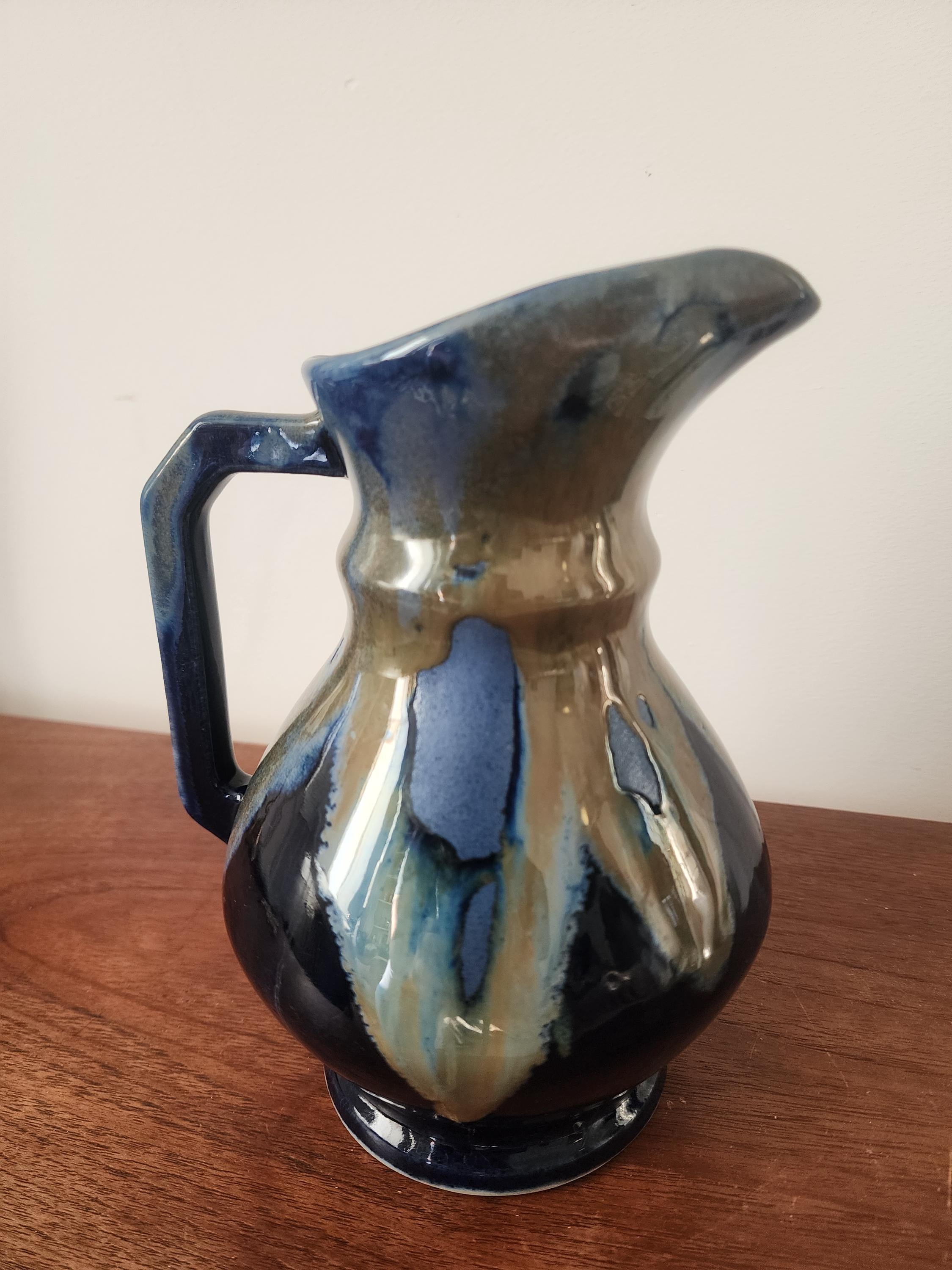 Vintage Studio Pottery Jug Vase, Blue Drip Glaze Ceramic Pitcher, Handmade Stoneware Creamer, Rustic Table Decor