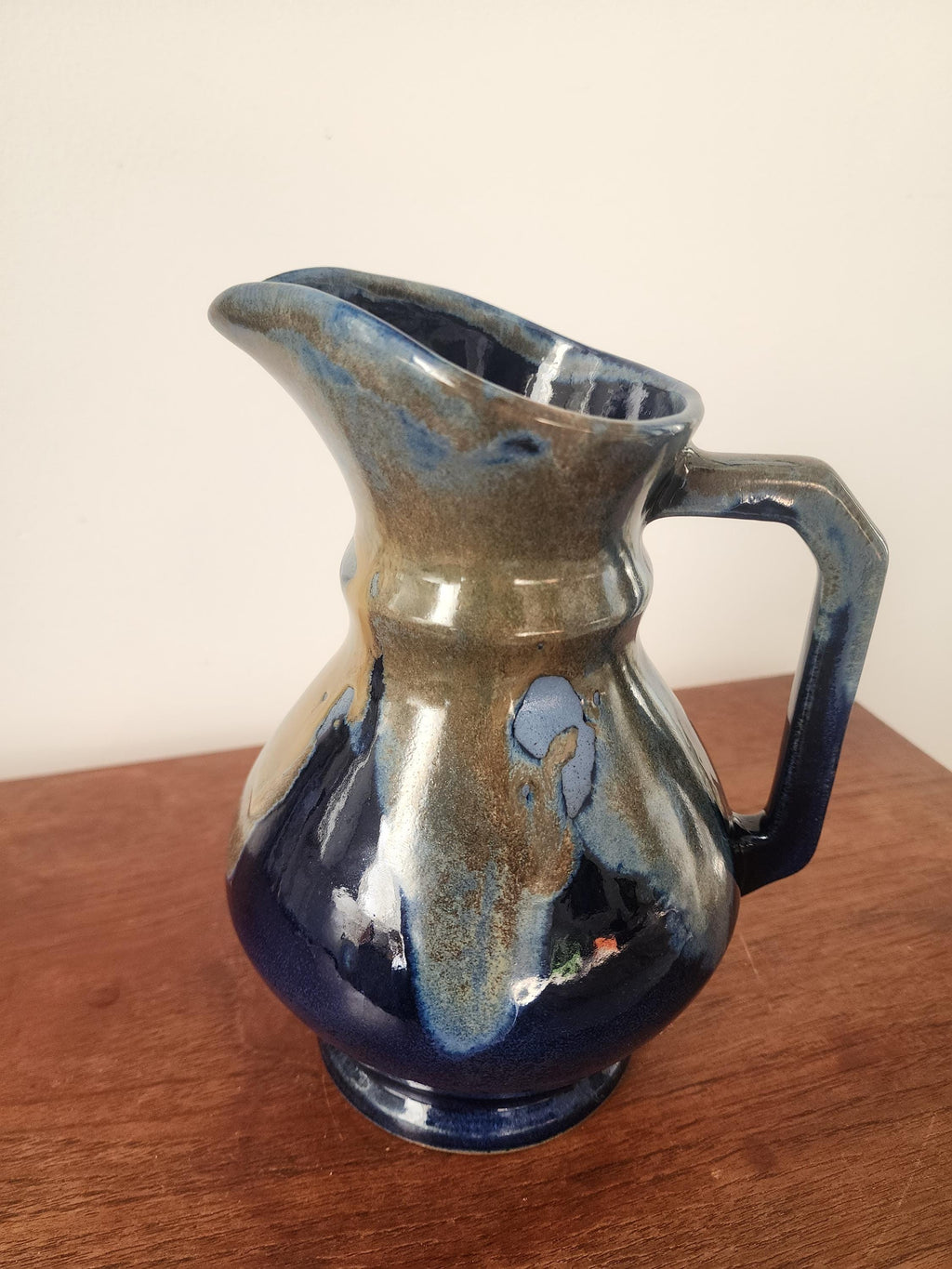 Vintage Studio Pottery Jug Vase, Blue Drip Glaze Ceramic Pitcher, Handmade Stoneware Creamer, Rustic Table Decor