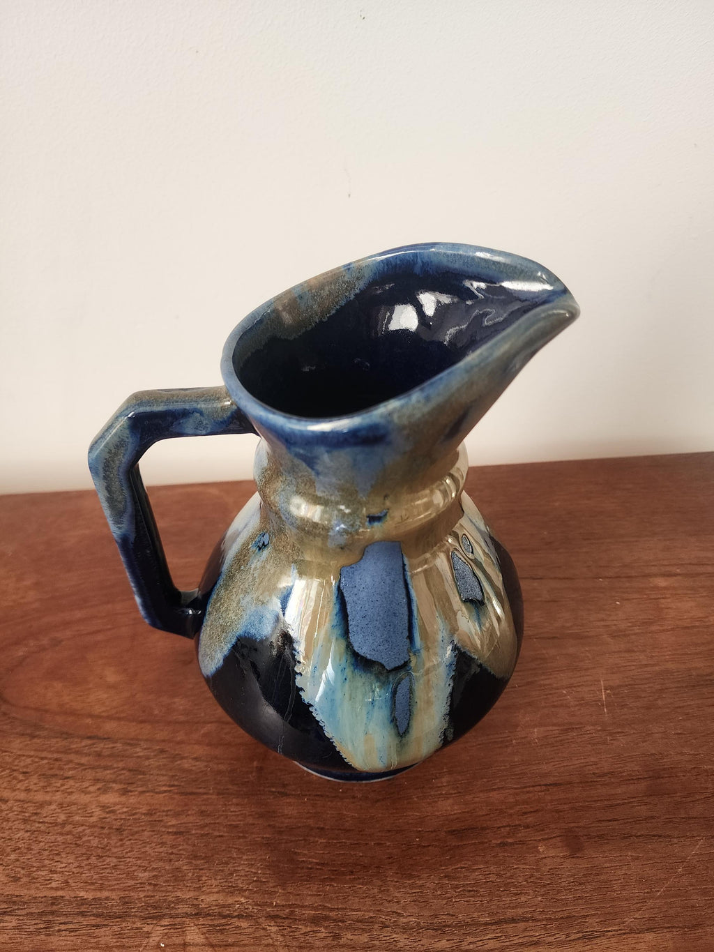 Vintage Studio Pottery Jug Vase, Blue Drip Glaze Ceramic Pitcher, Handmade Stoneware Creamer, Rustic Table Decor