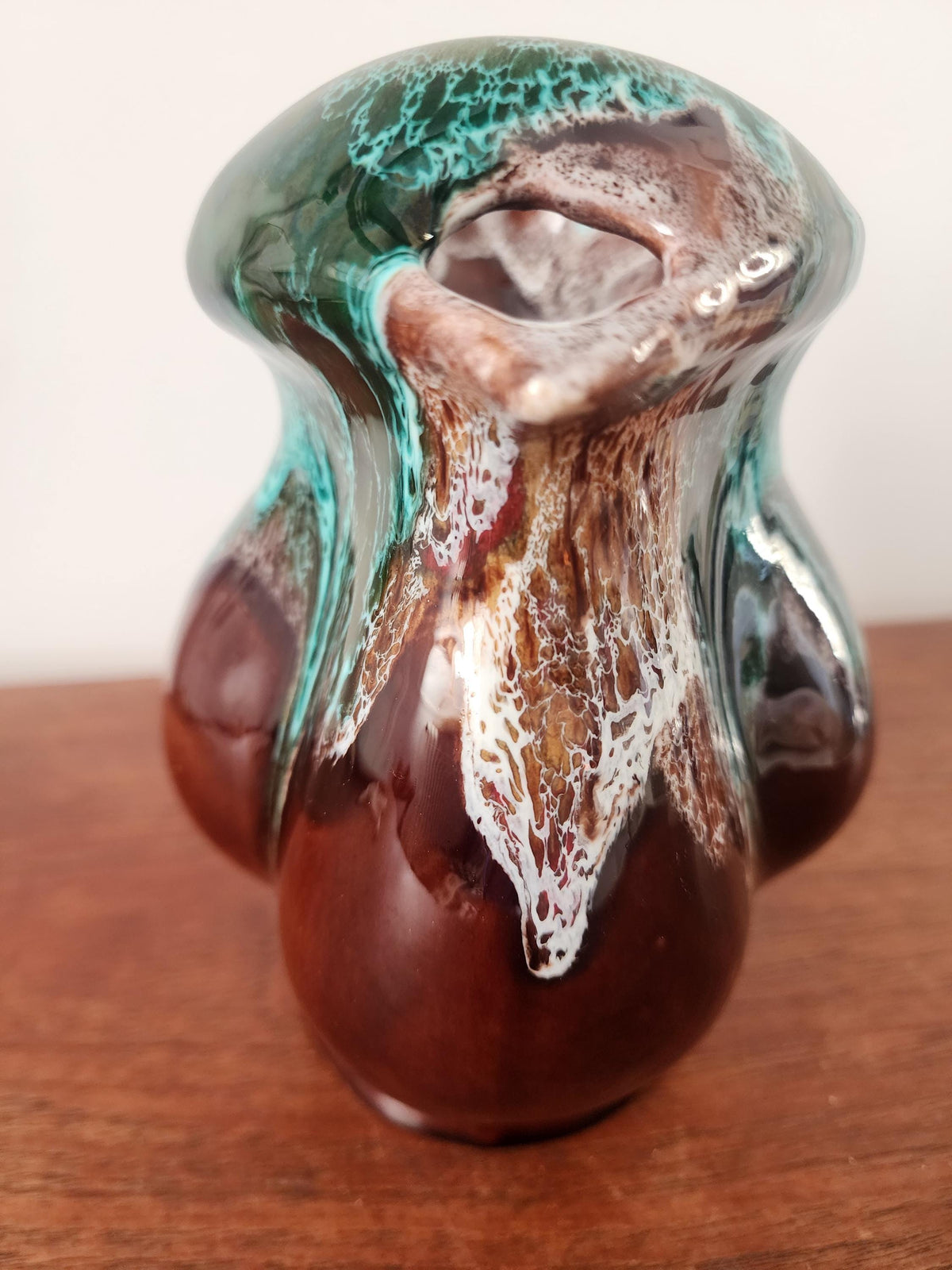 Vintage Studio Pottery Jug Vase, Green Drip Glaze Ceramic Pitcher, Handmade Stoneware Jug, Rustic Mid Century Decor