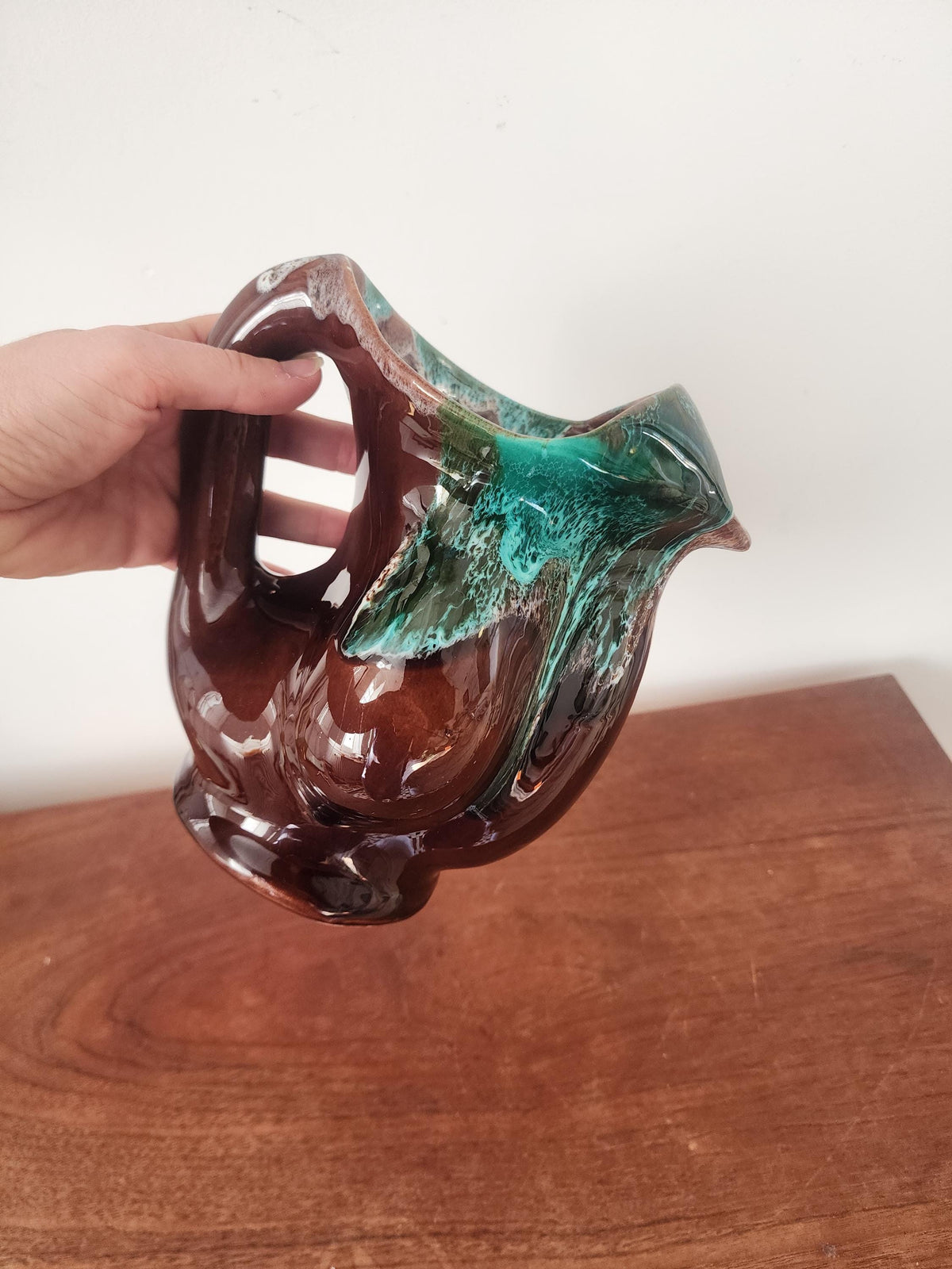 Vintage Studio Pottery Jug Vase, Green Drip Glaze Ceramic Pitcher, Handmade Stoneware Jug, Rustic Mid Century Decor