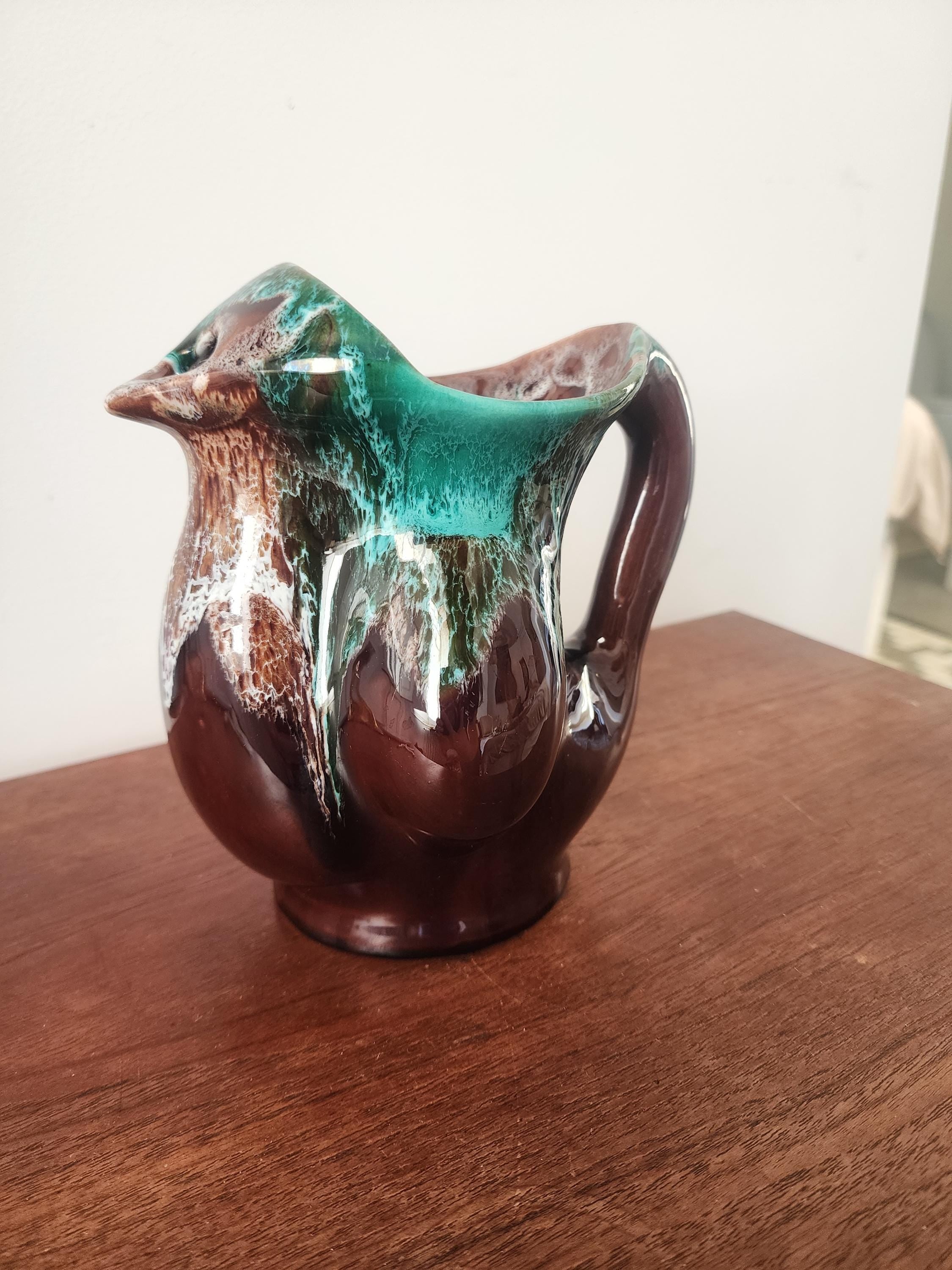 Vintage Studio Pottery Jug Vase, Green Drip Glaze Ceramic Pitcher, Handmade Stoneware Jug, Rustic Mid Century Decor