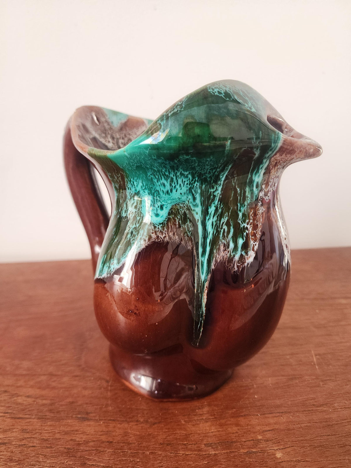 Vintage Studio Pottery Jug Vase, Green Drip Glaze Ceramic Pitcher, Handmade Stoneware Jug, Rustic Mid Century Decor