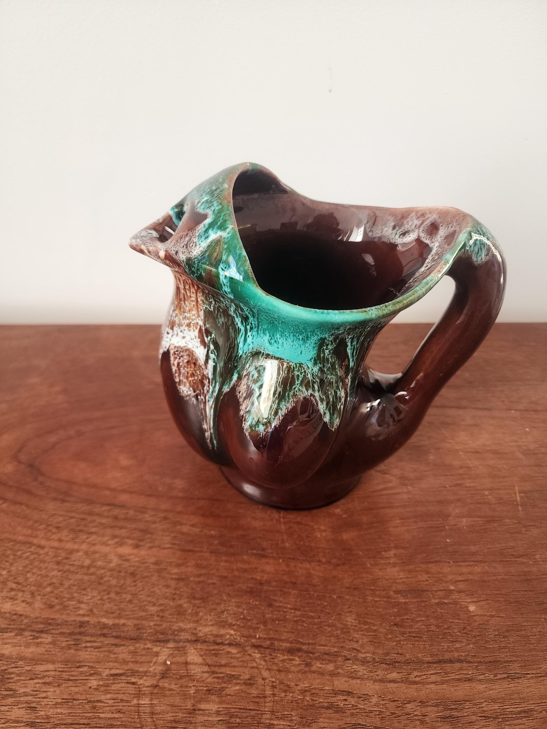 Vintage Studio Pottery Jug Vase, Green Drip Glaze Ceramic Pitcher, Handmade Stoneware Jug, Rustic Mid Century Decor