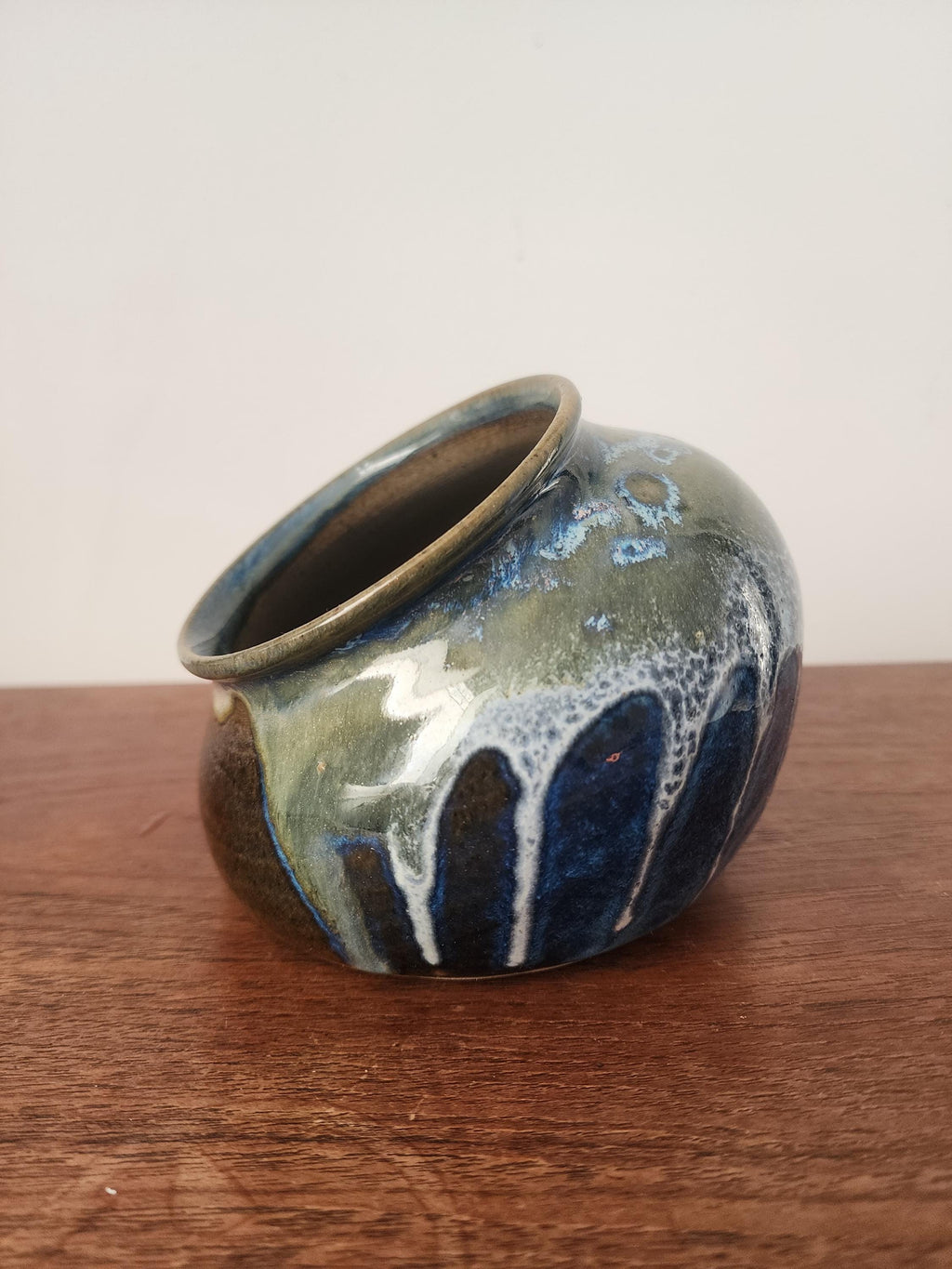 Vintage Studio Pottery Salt Container, Blue Green Drip Glaze Ceramic Vessel, Handmade Stoneware Salt Cellar, Mid Century Decor