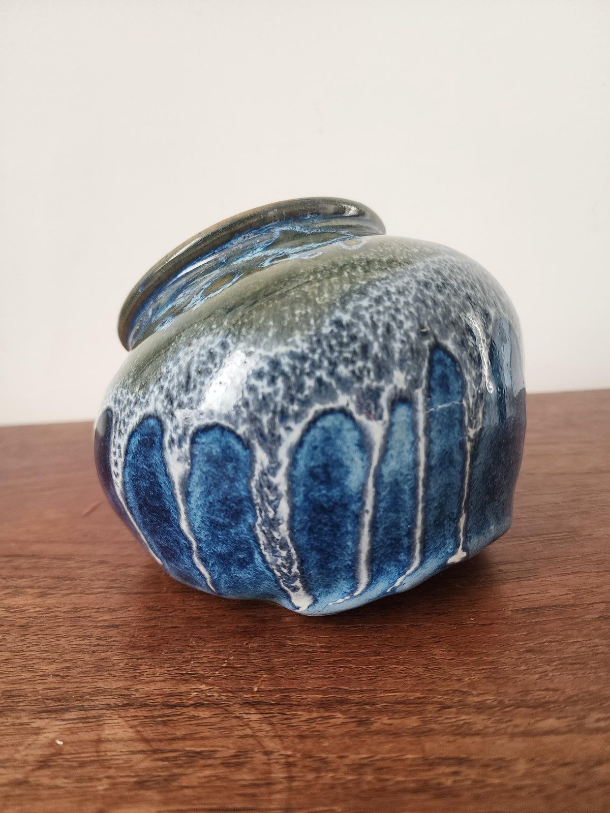 Vintage Studio Pottery Salt Container, Blue Green Drip Glaze Ceramic Vessel, Handmade Stoneware Salt Cellar, Mid Century Decor