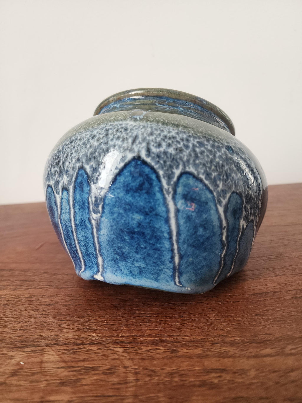 Vintage Studio Pottery Salt Container, Blue Green Drip Glaze Ceramic Vessel, Handmade Stoneware Salt Cellar, Mid Century Decor