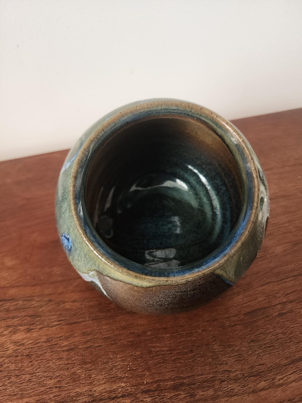 Vintage Studio Pottery Salt Container, Blue Green Drip Glaze Ceramic Vessel, Handmade Stoneware Salt Cellar, Mid Century Decor
