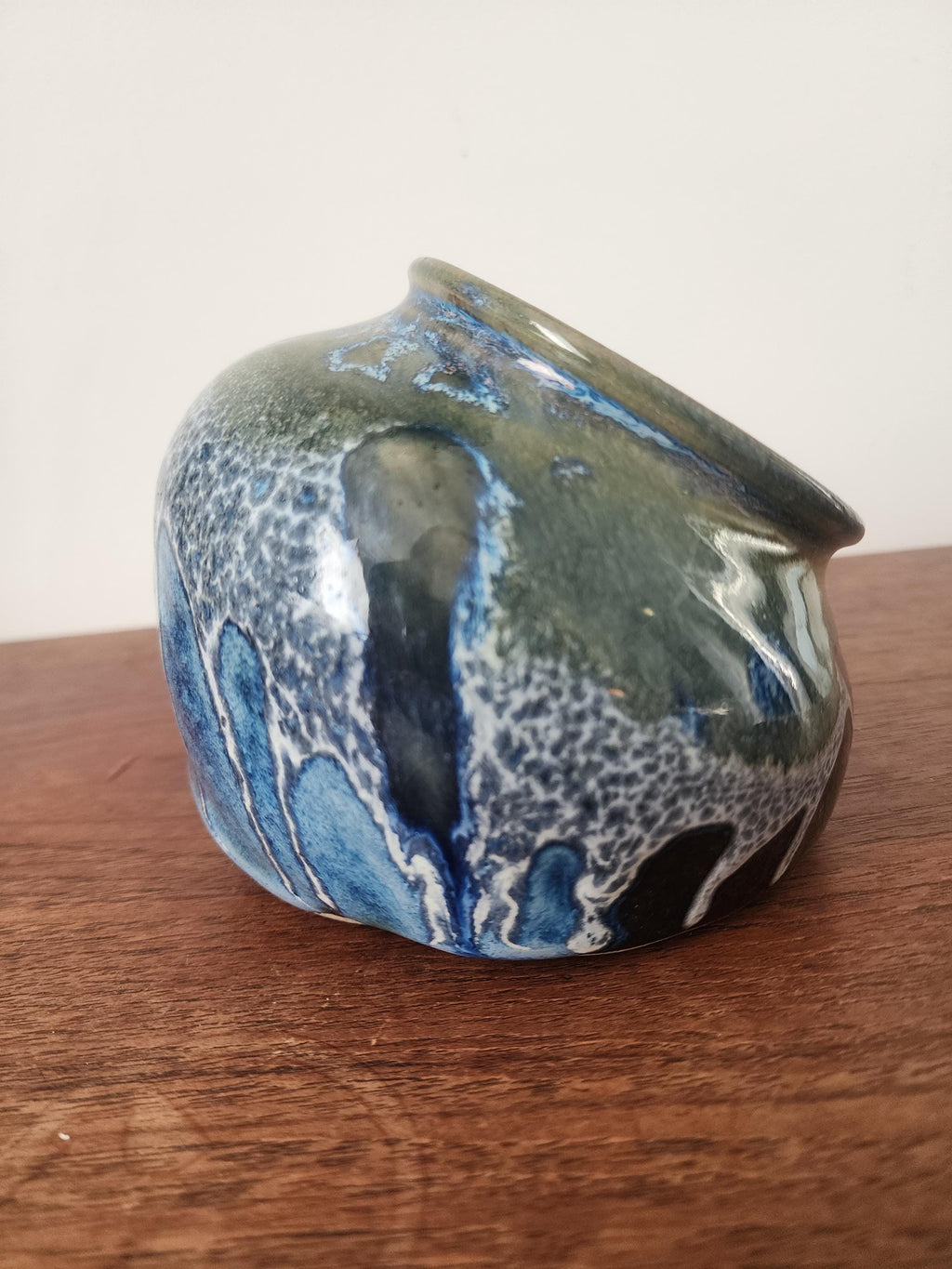 Vintage Studio Pottery Salt Container, Blue Green Drip Glaze Ceramic Vessel, Handmade Stoneware Salt Cellar, Mid Century Decor