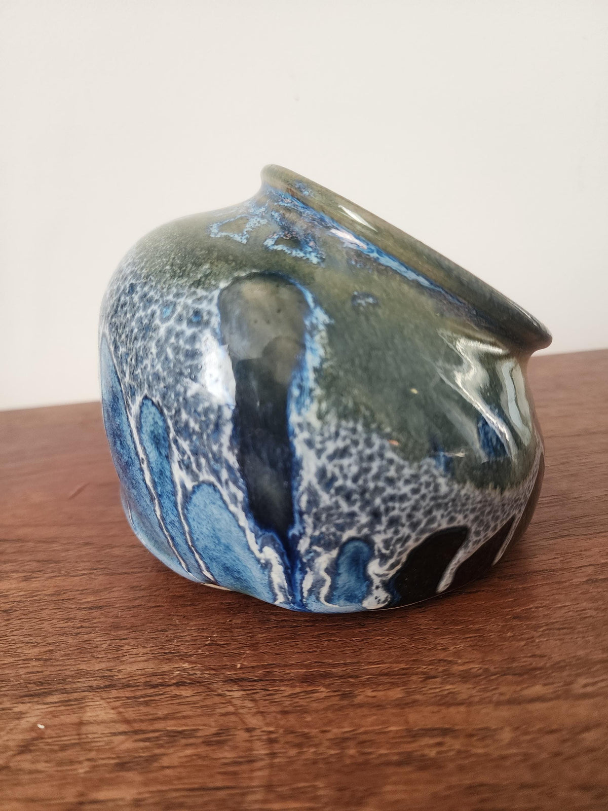 Vintage Studio Pottery Salt Container, Blue Green Drip Glaze Ceramic Vessel, Handmade Stoneware Salt Cellar, Mid Century Decor