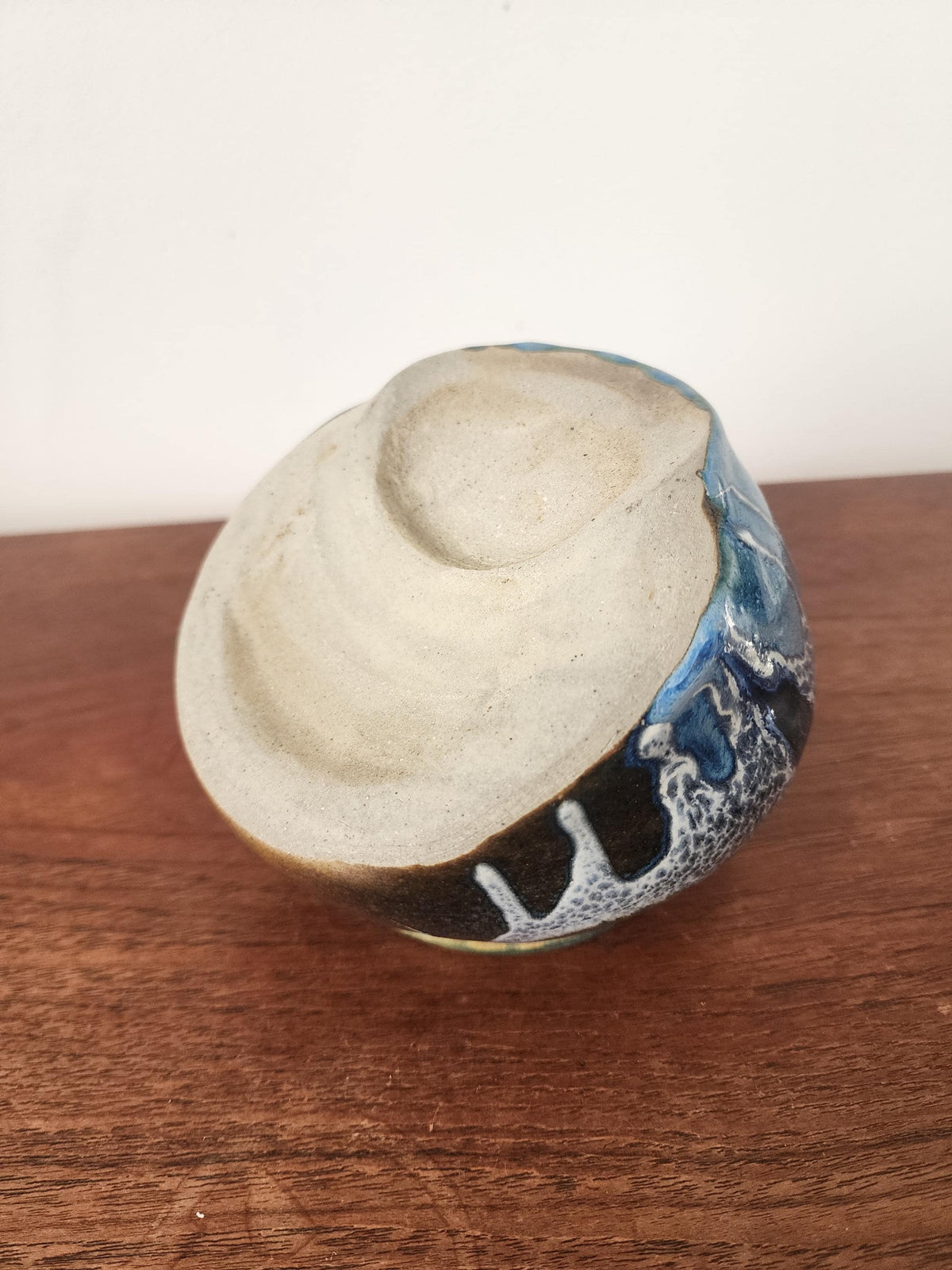 Vintage Studio Pottery Salt Container, Blue Green Drip Glaze Ceramic Vessel, Handmade Stoneware Salt Cellar, Mid Century Decor