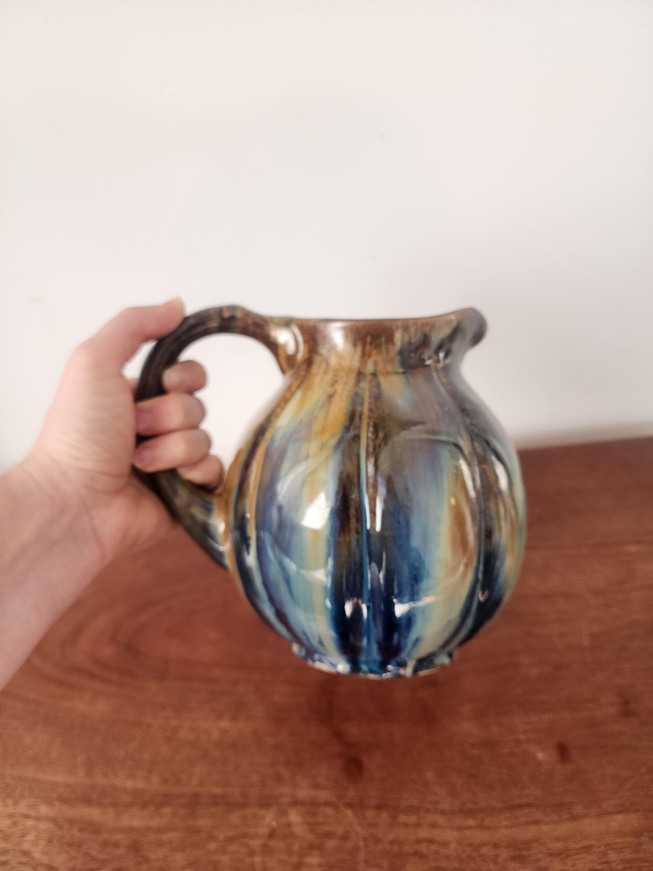 Vintage Digoin Studio Pottery Jug Vase, Signed 1967 Ceramic Pitcher, Blue Brown Drip Glaze Stoneware, Mid Century Decor