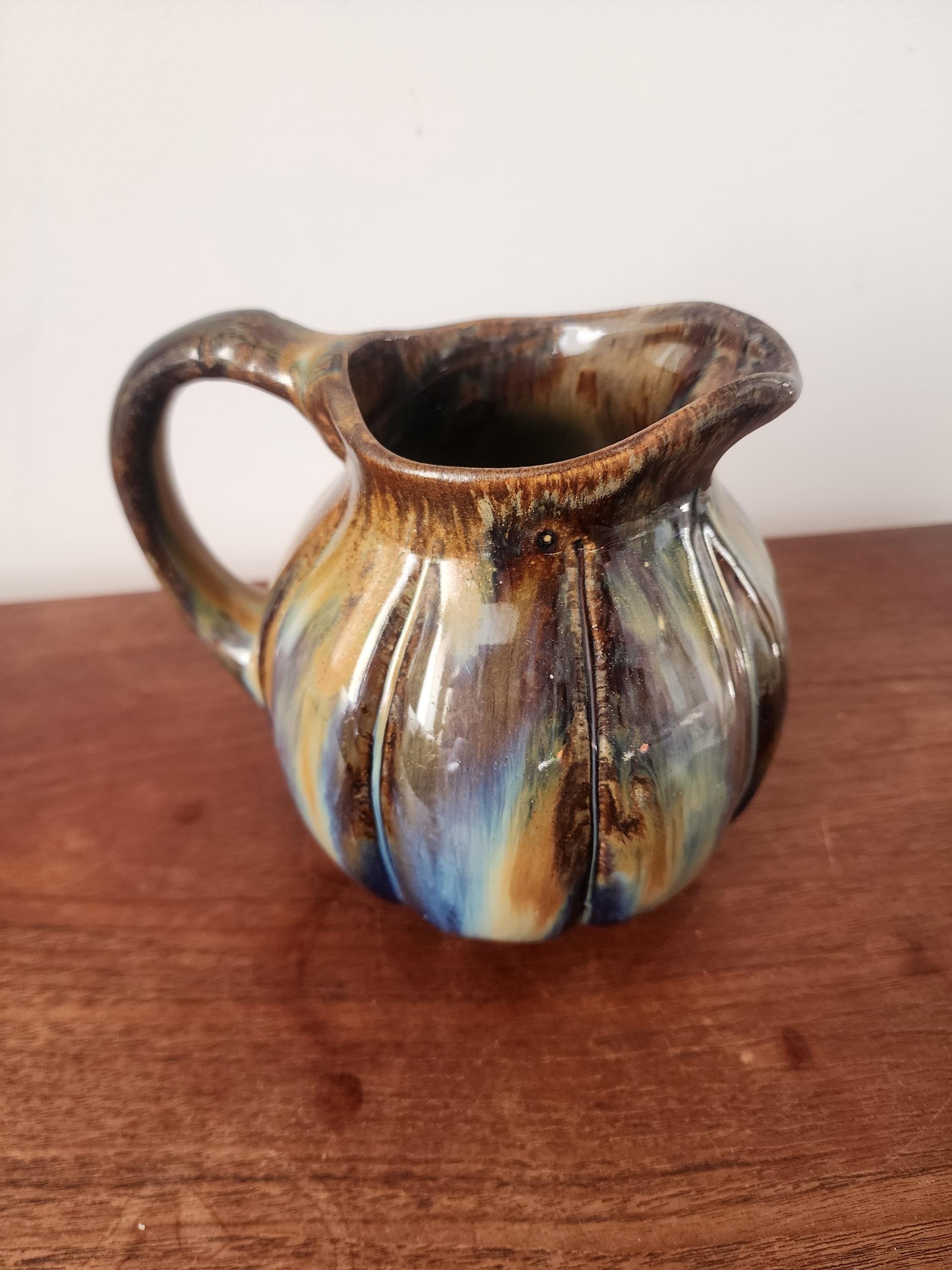 Vintage Digoin Studio Pottery Jug Vase, Signed 1967 Ceramic Pitcher, Blue Brown Drip Glaze Stoneware, Mid Century Decor