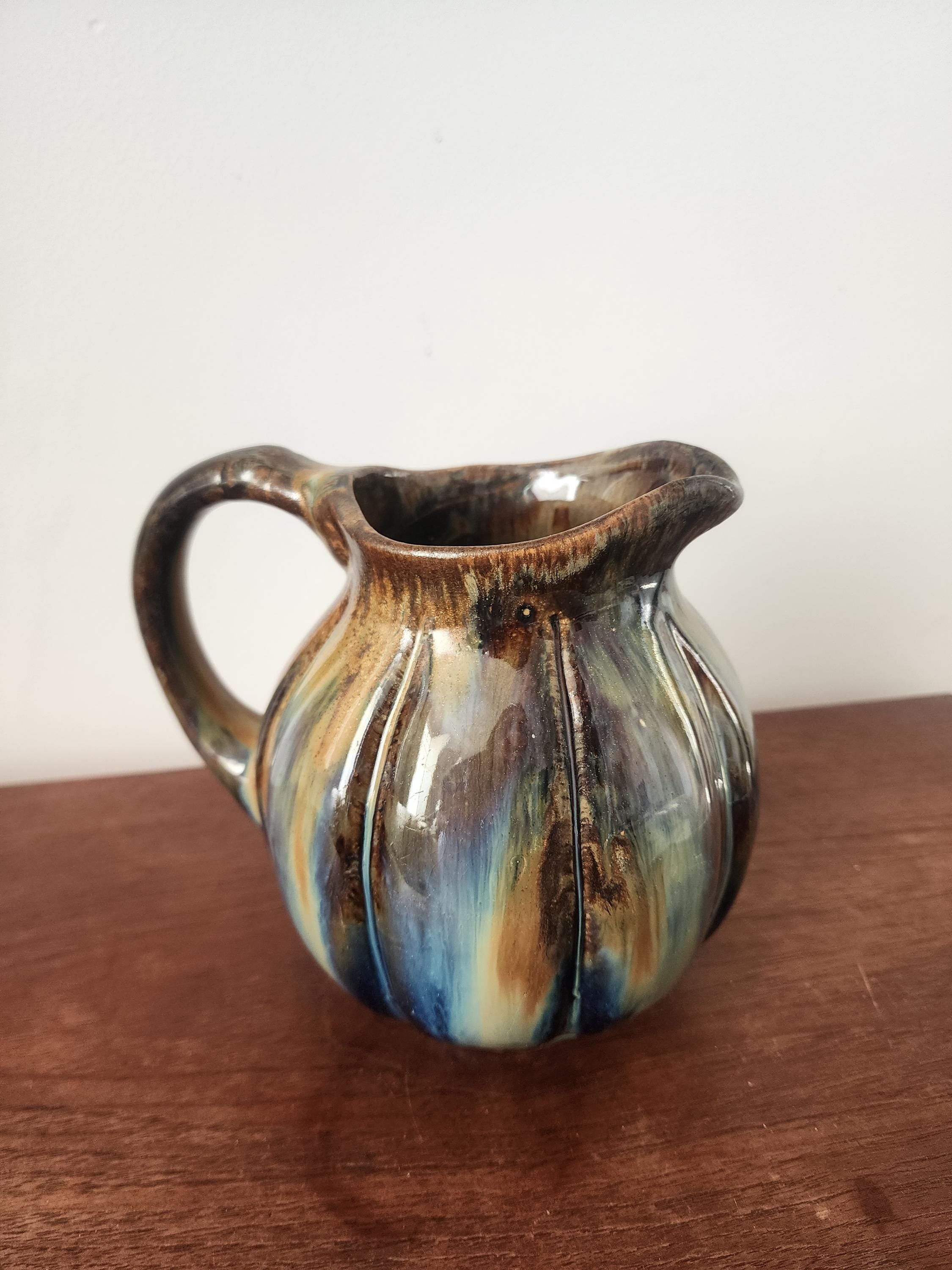 Vintage Digoin Studio Pottery Jug Vase, Signed 1967 Ceramic Pitcher, Blue Brown Drip Glaze Stoneware, Mid Century Decor