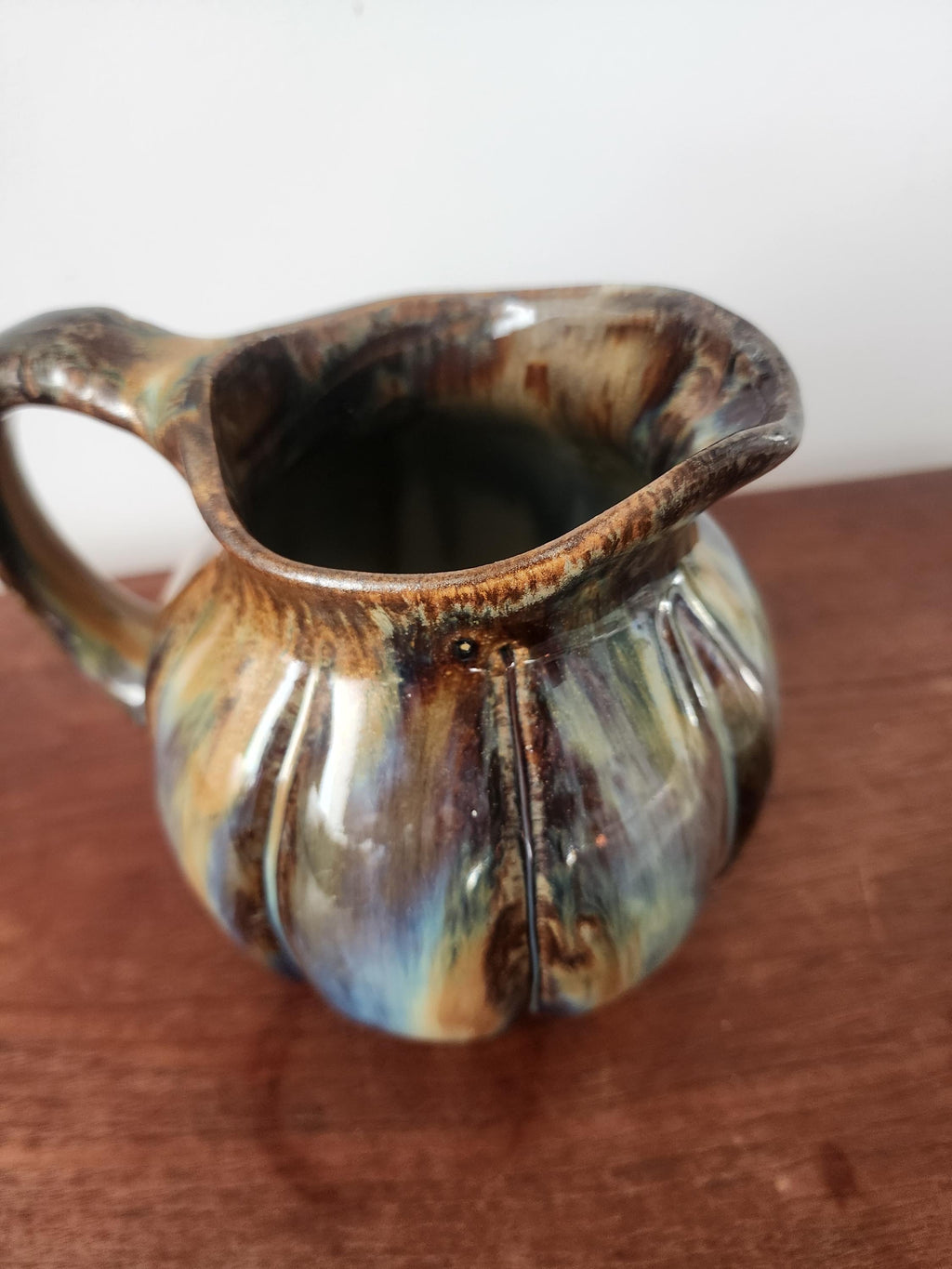 Vintage Digoin Studio Pottery Jug Vase, Signed 1967 Ceramic Pitcher, Blue Brown Drip Glaze Stoneware, Mid Century Decor