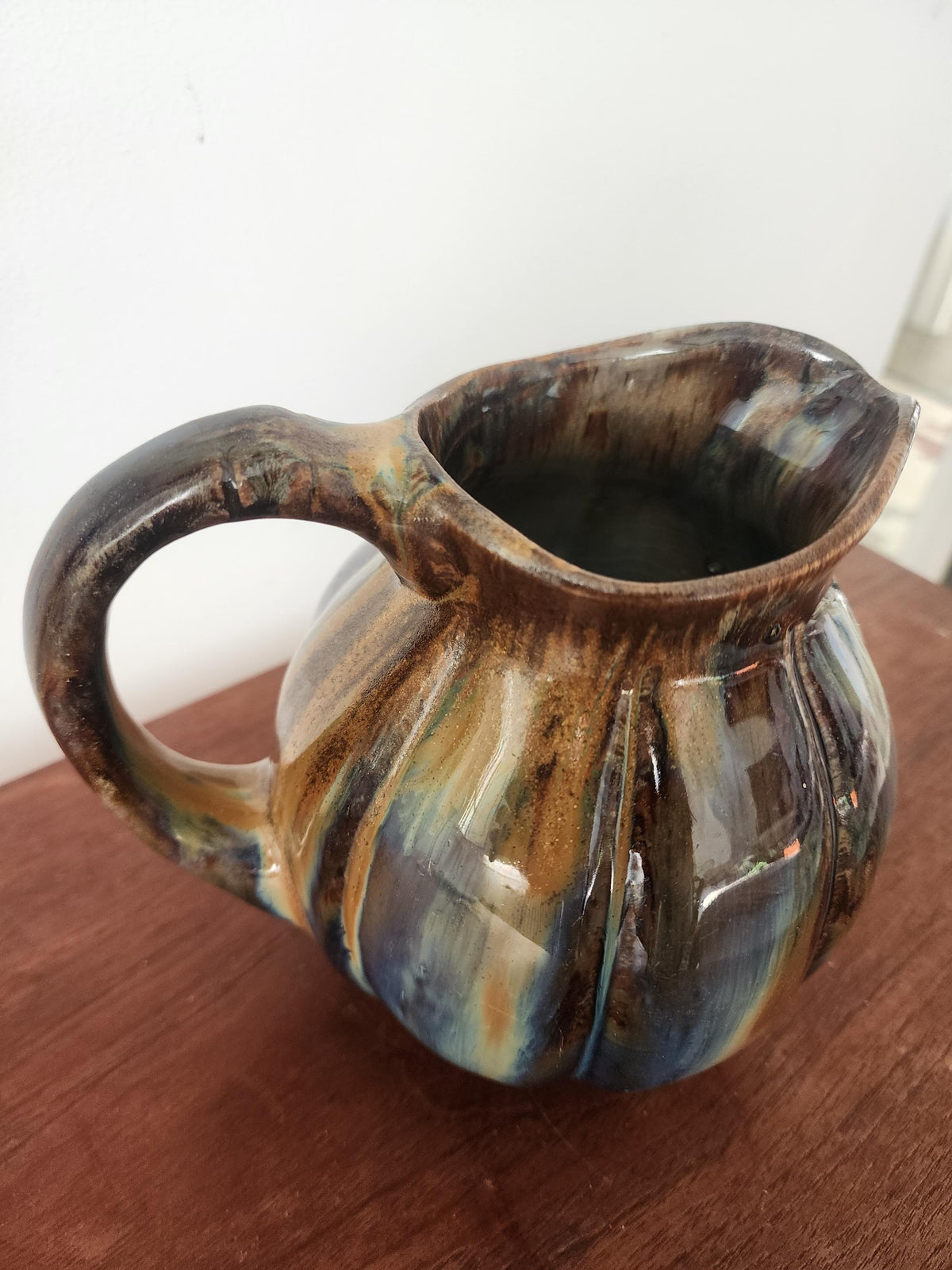 Vintage Digoin Studio Pottery Jug Vase, Signed 1967 Ceramic Pitcher, Blue Brown Drip Glaze Stoneware, Mid Century Decor