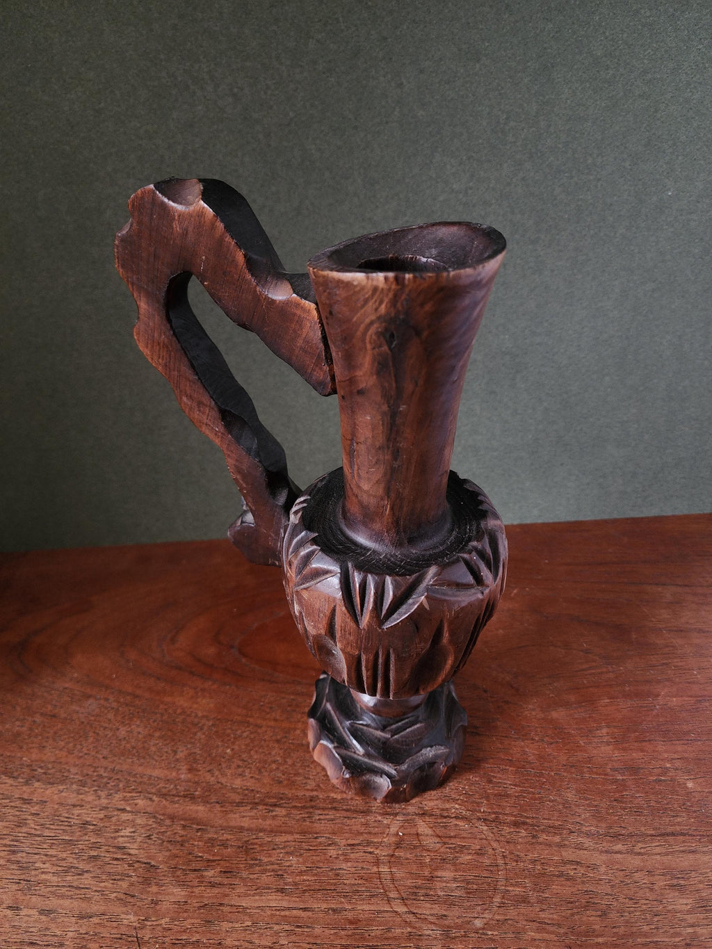 Vintage Hand Carved Wooden Ewer, Rustic Folk Art Jug Sculpture, Carved Wood Decorative Pitcher, Cabin Mantel Accent, Alpine Chalet Decor