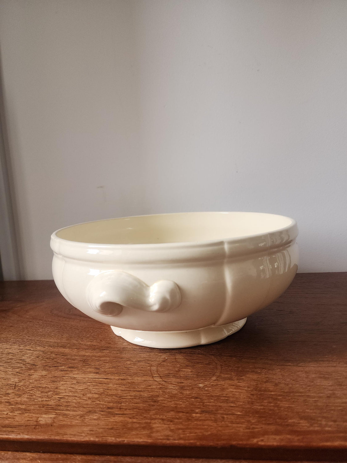 Vintage Digoin Sarreguemines Ivory Stoneware Bowl, French Footed Serving Bowl with Handles, Farmhouse Tableware