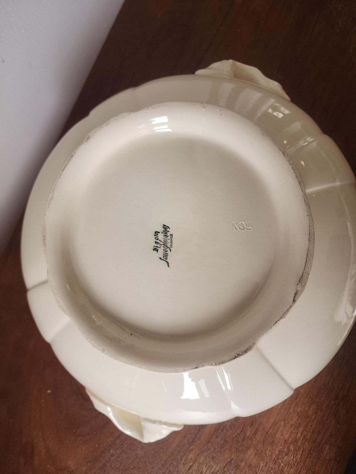 Vintage Digoin Sarreguemines Ivory Stoneware Bowl, French Footed Serving Bowl with Handles, Farmhouse Tableware