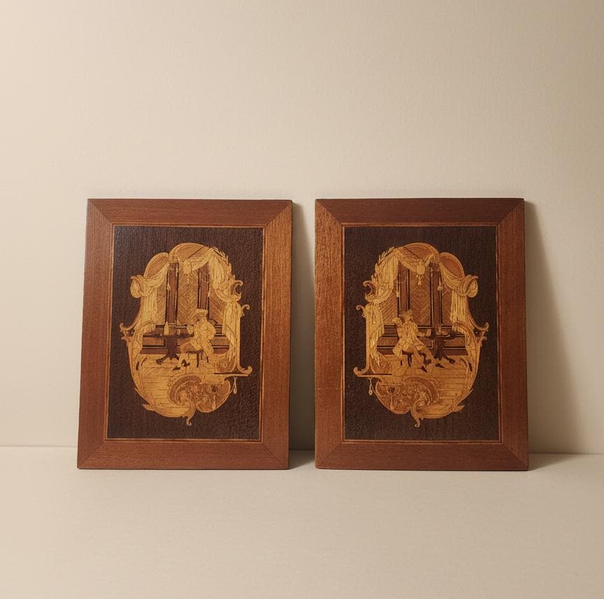 Pair of Vintage Wood Marquetry Wall Panels